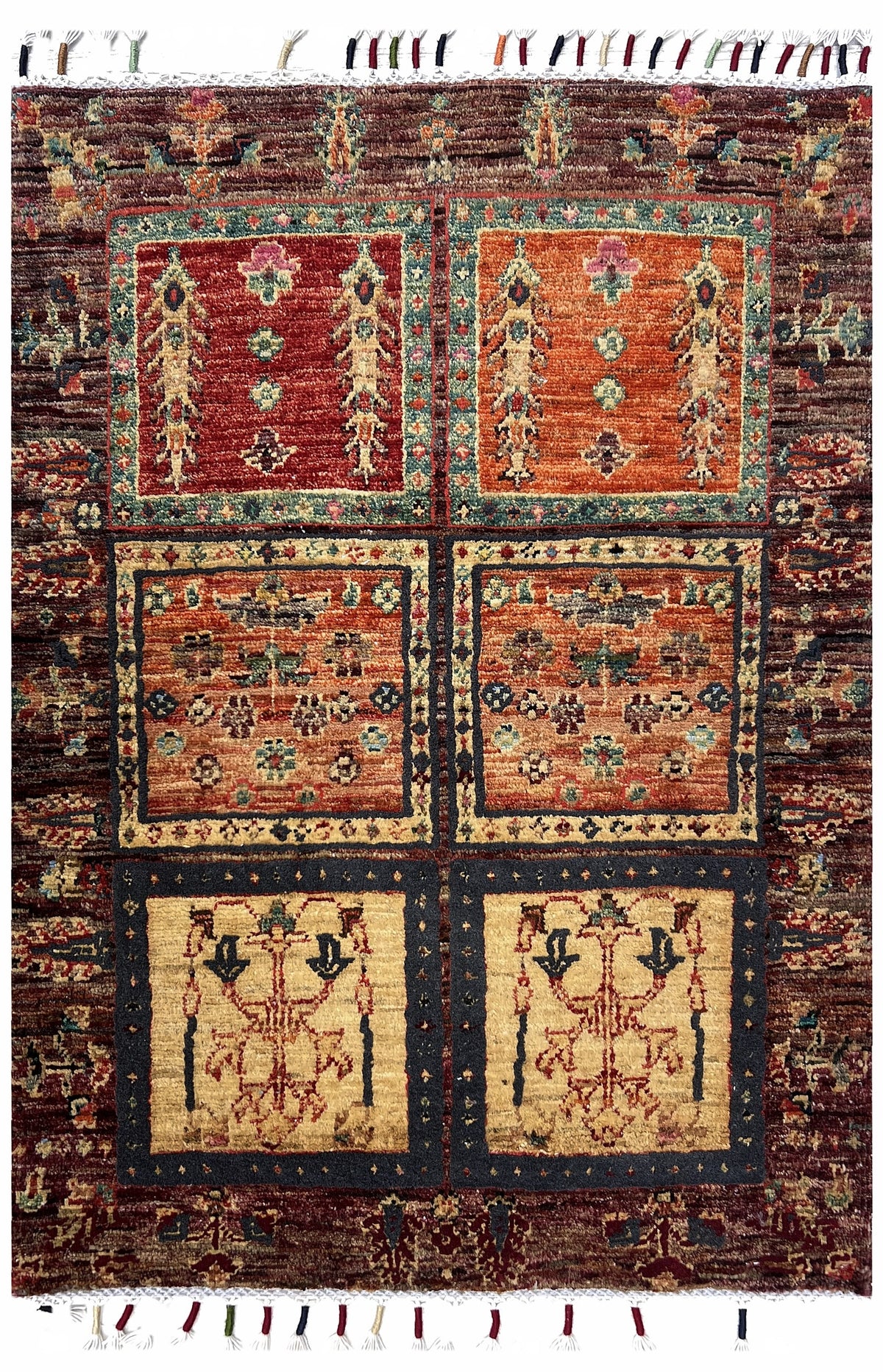 Afghan Chobi Rug 2x3 | dark brown field with garden panels in rust, orange and gold | garden design | hand-knotted wool