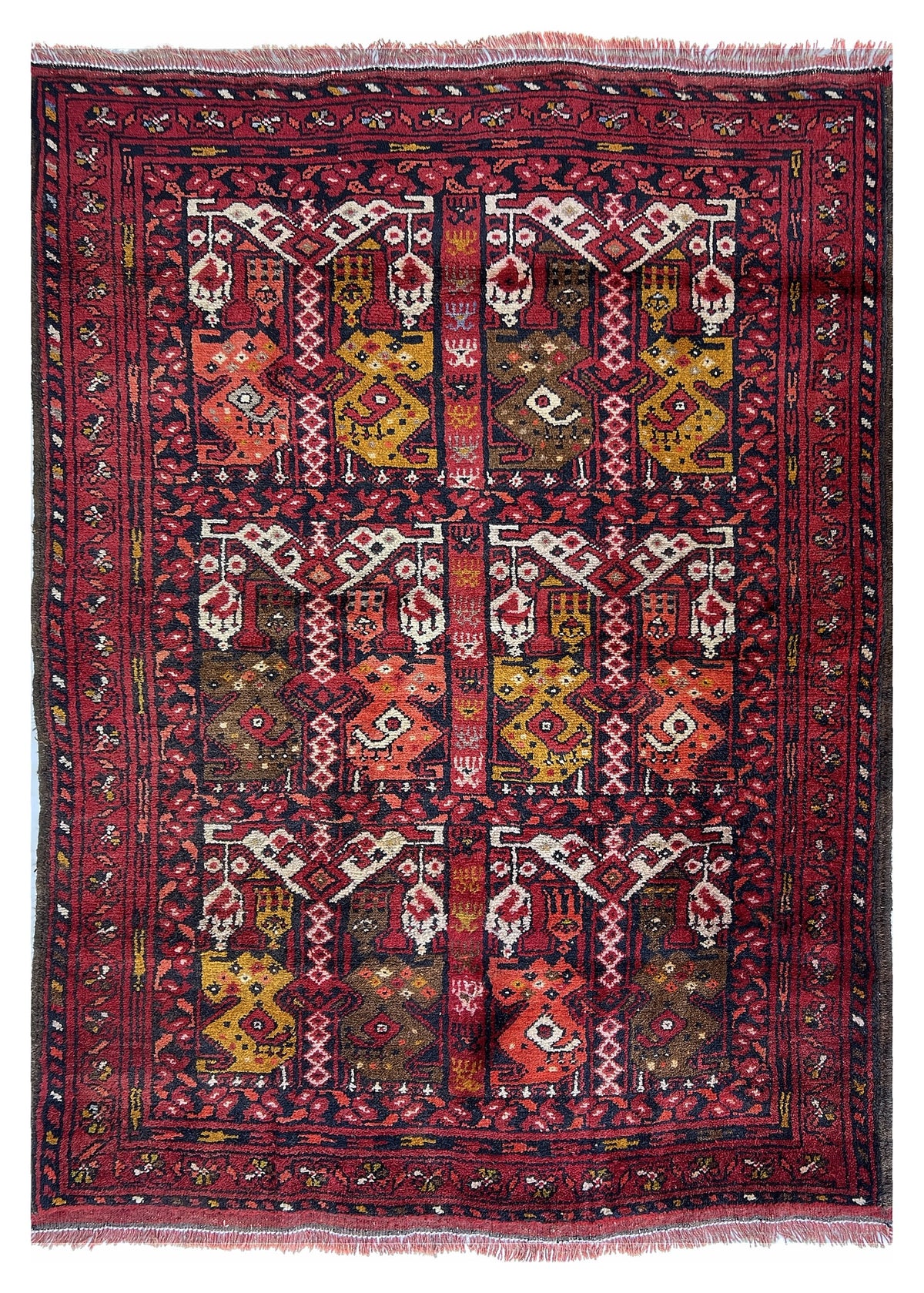 Afghan Herati Rug 3x5 | red field with panels of bird and tree motifs with orange, gold & ivory | pictorial design | hand-knotted wool