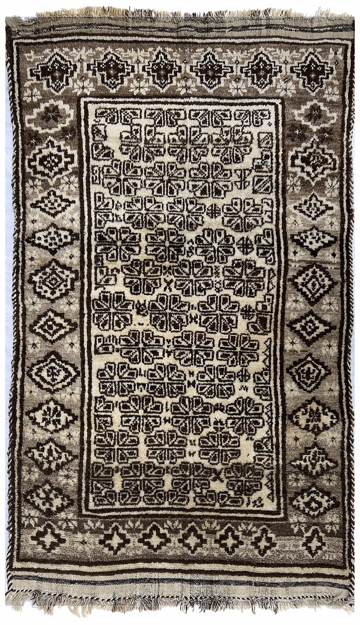 Afghan Herati Rug 3x6 | ivory field with a brown lattice of tribal motifs | tribal design | hand-knotted wool