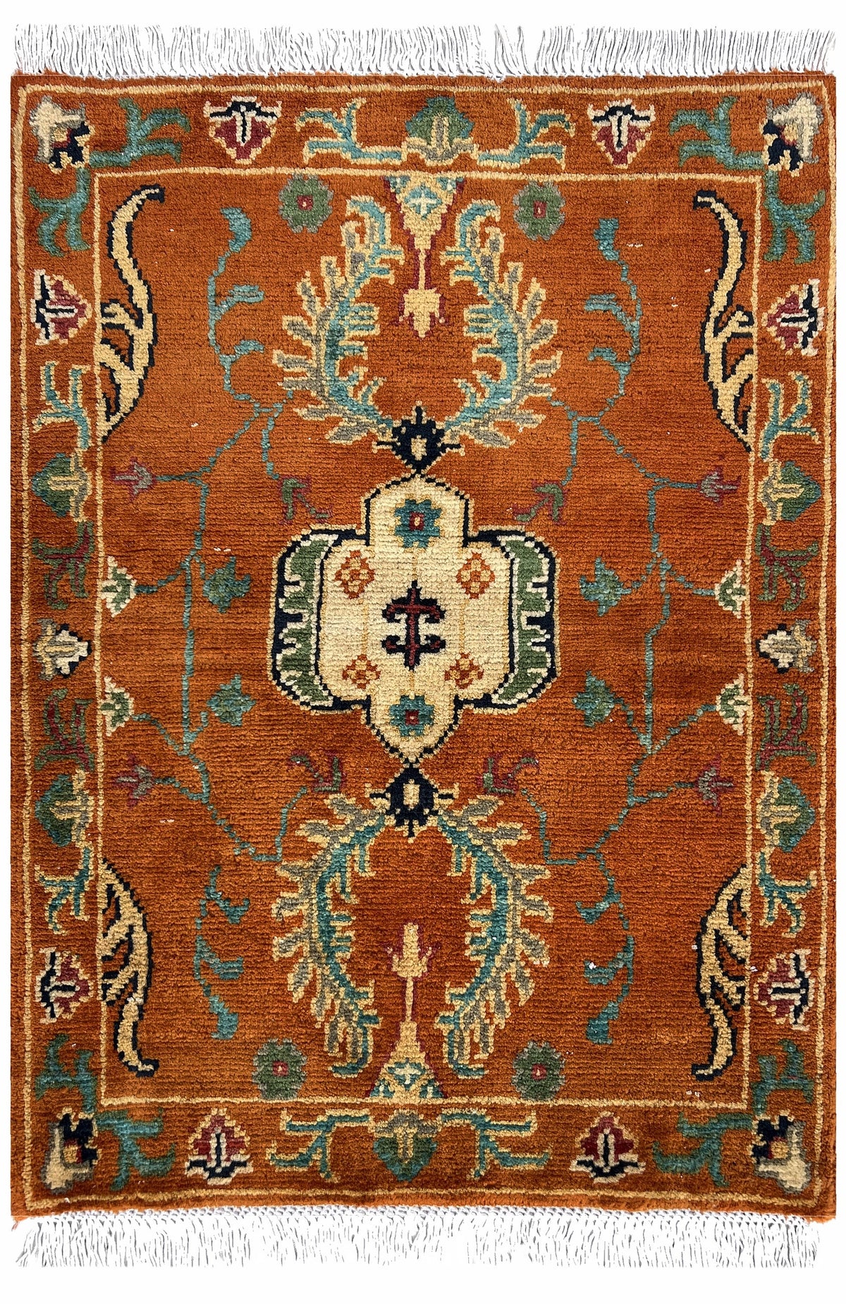 Afghan Kazak Rug 2x3 | rust-orange field with teal & ivory | floral design | hand-knotted wool