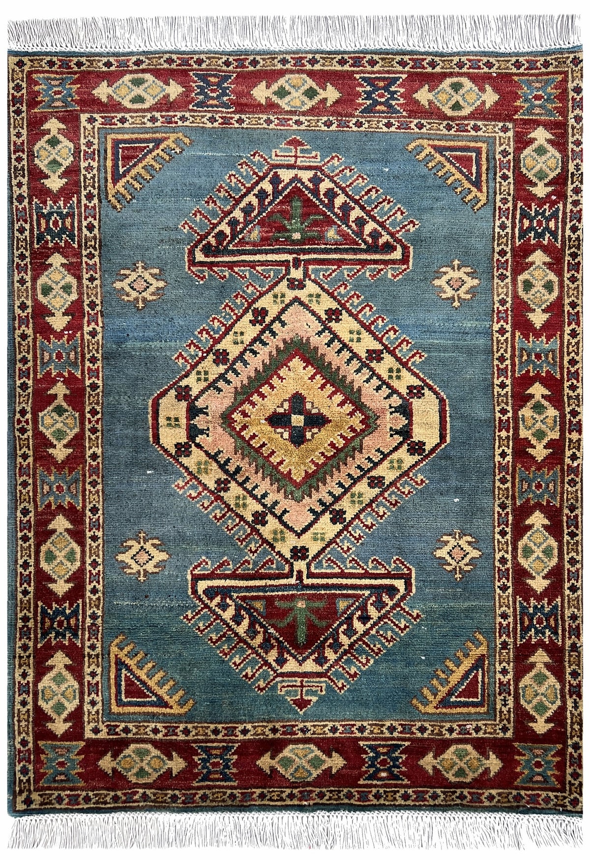 Afghan Kazak Rug 3x4 | blue field with an ivory diamond medallion inside a red border | medallion design | hand-knotted wool