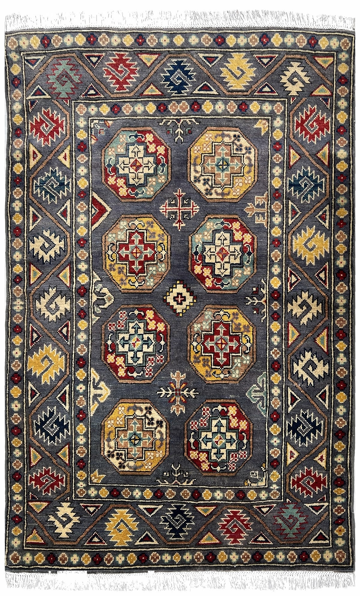 Afghan Kazak Rug 3x5 | charcoal field with red and gold octagon guls | gul design | hand-knotted wool