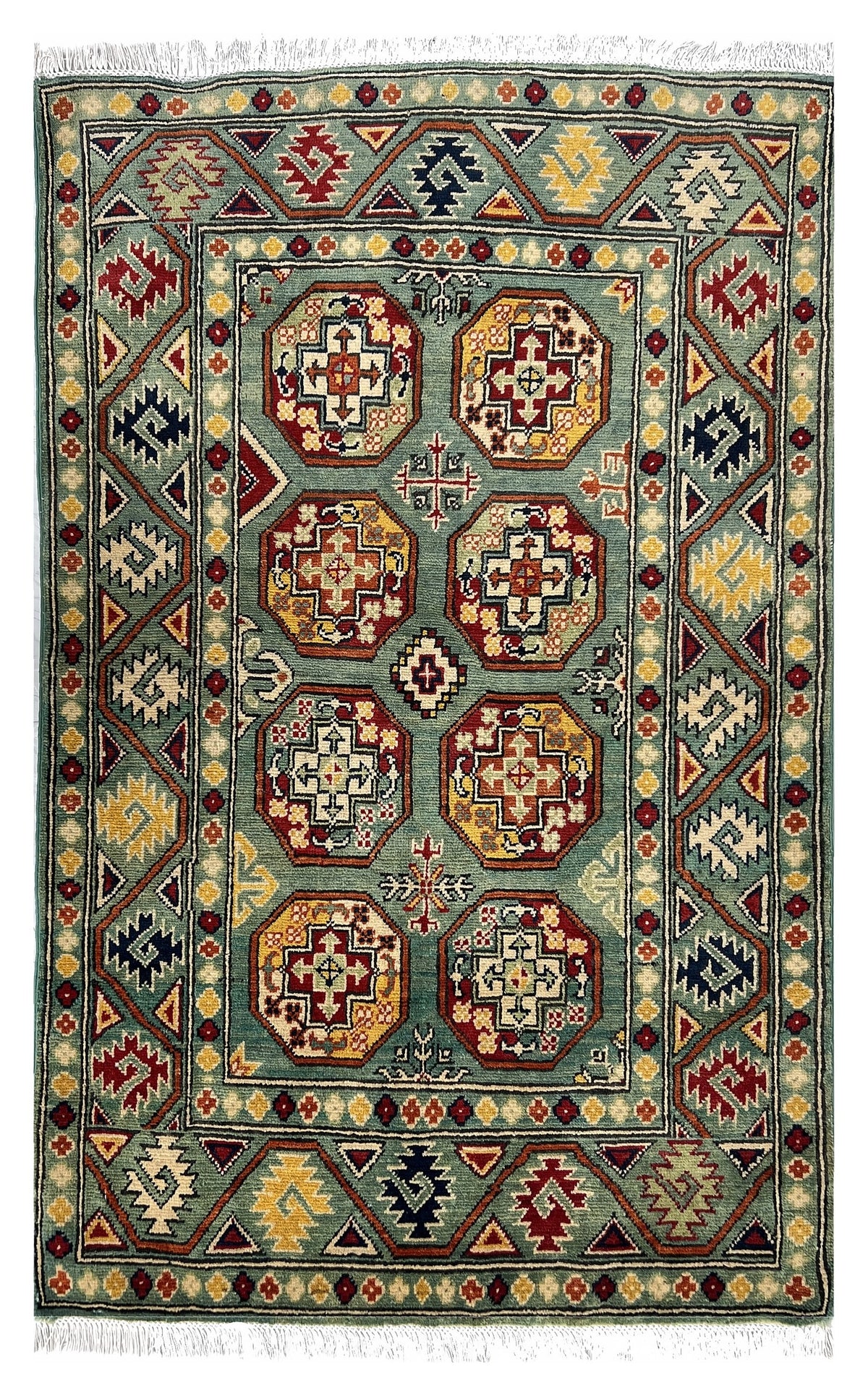 Afghan Kazak Rug 3x5 | sage green field with red and gold octagon guls with ivory | gul design | hand-knotted wool