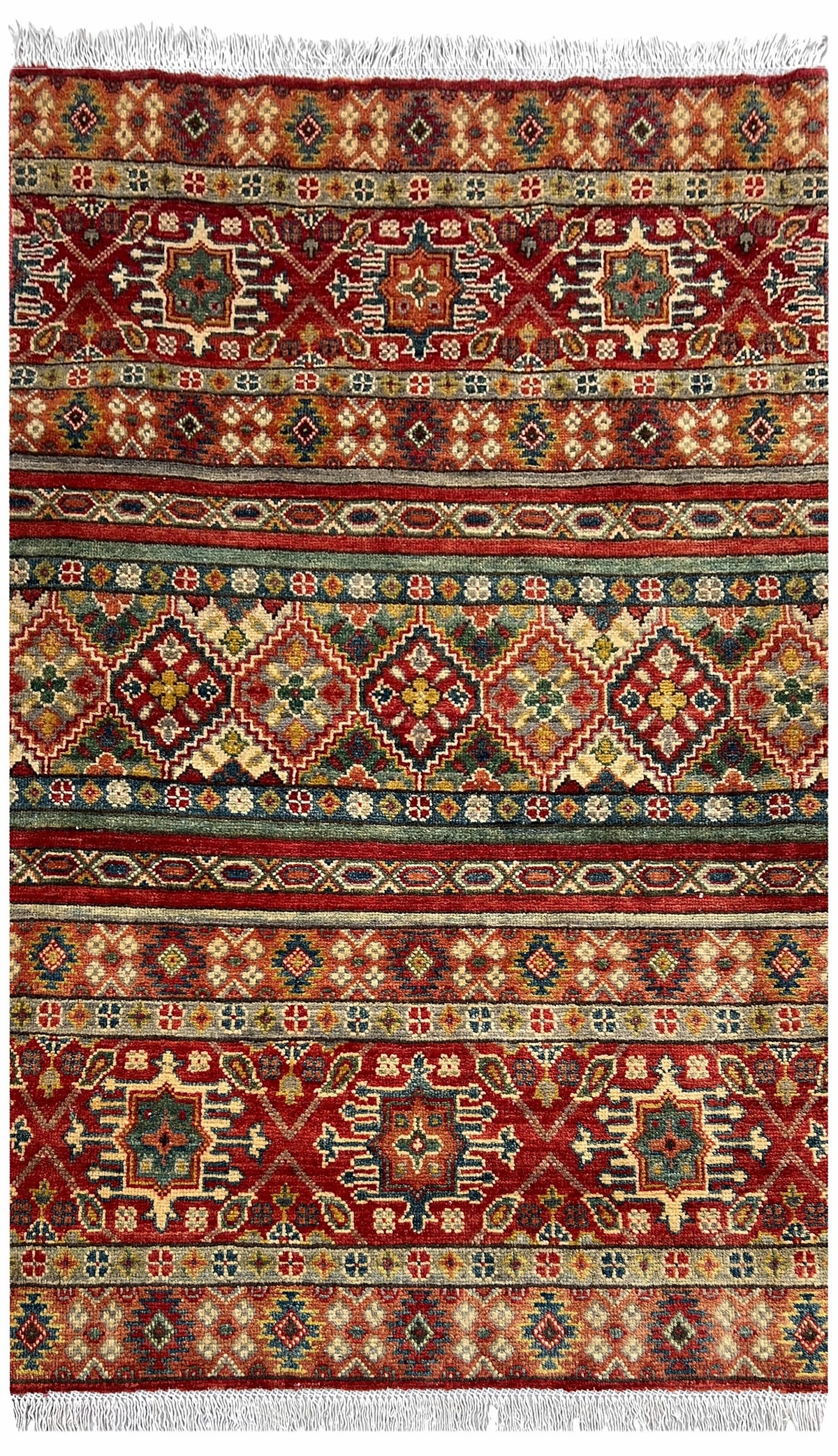 Afghan Kazak Rug 3x5 | bands of rust, red and ivory with tribal motifs with green | striped design | hand-knotted wool