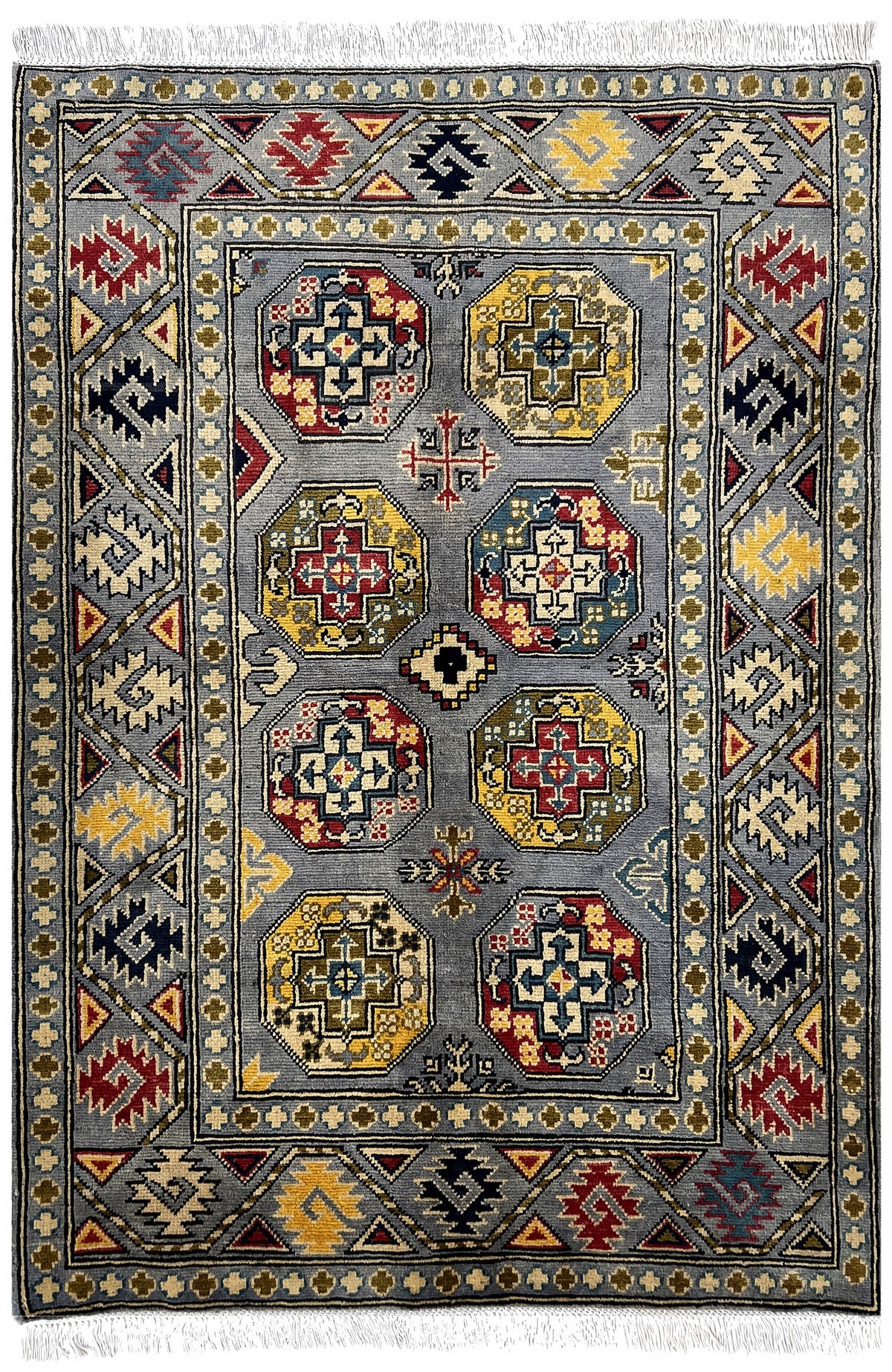Afghan Kazak Rug 4x5 | gray field with red and gold octagon guls with navy | gul design | hand-knotted wool