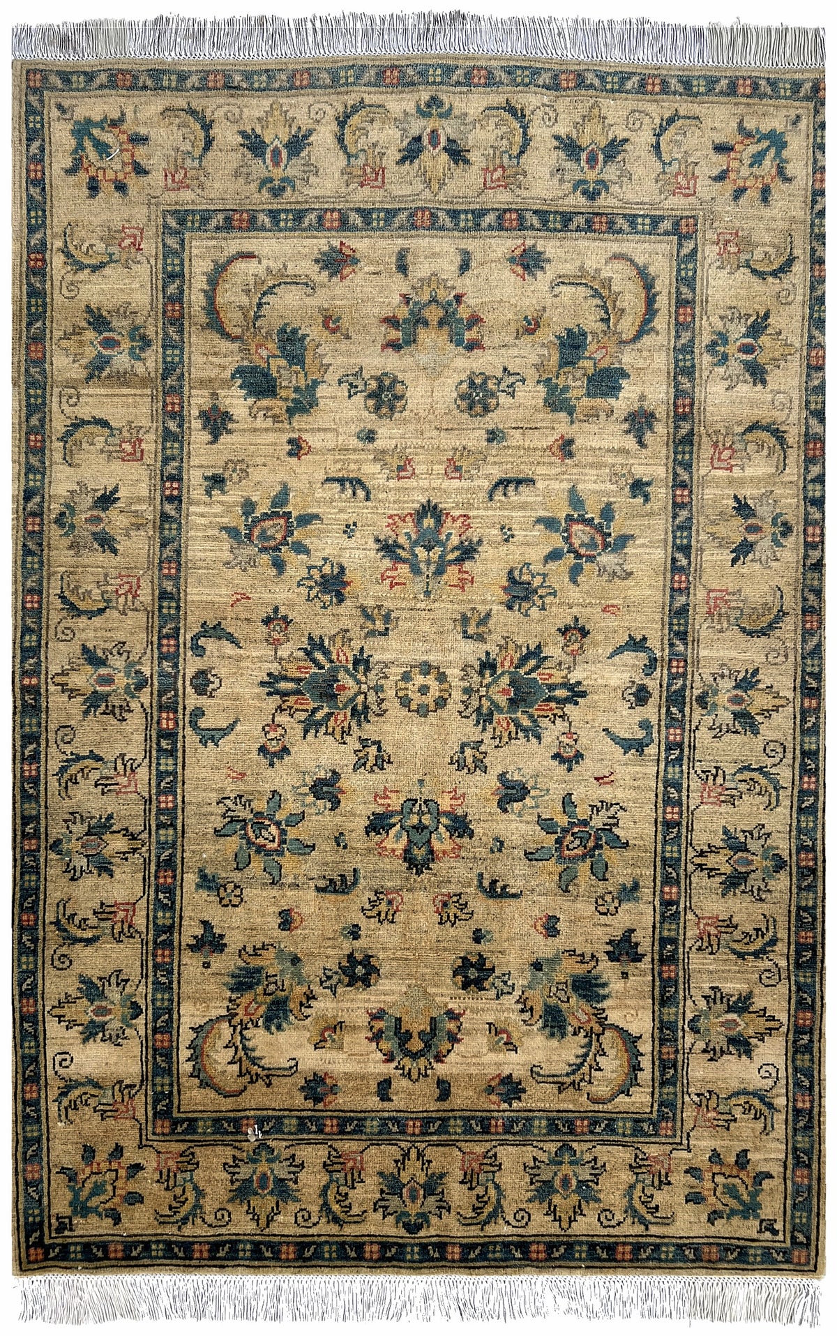 Afghan Kazak Rug 4x6 | beige field with teal and navy floral sprays | floral design | hand-knotted wool