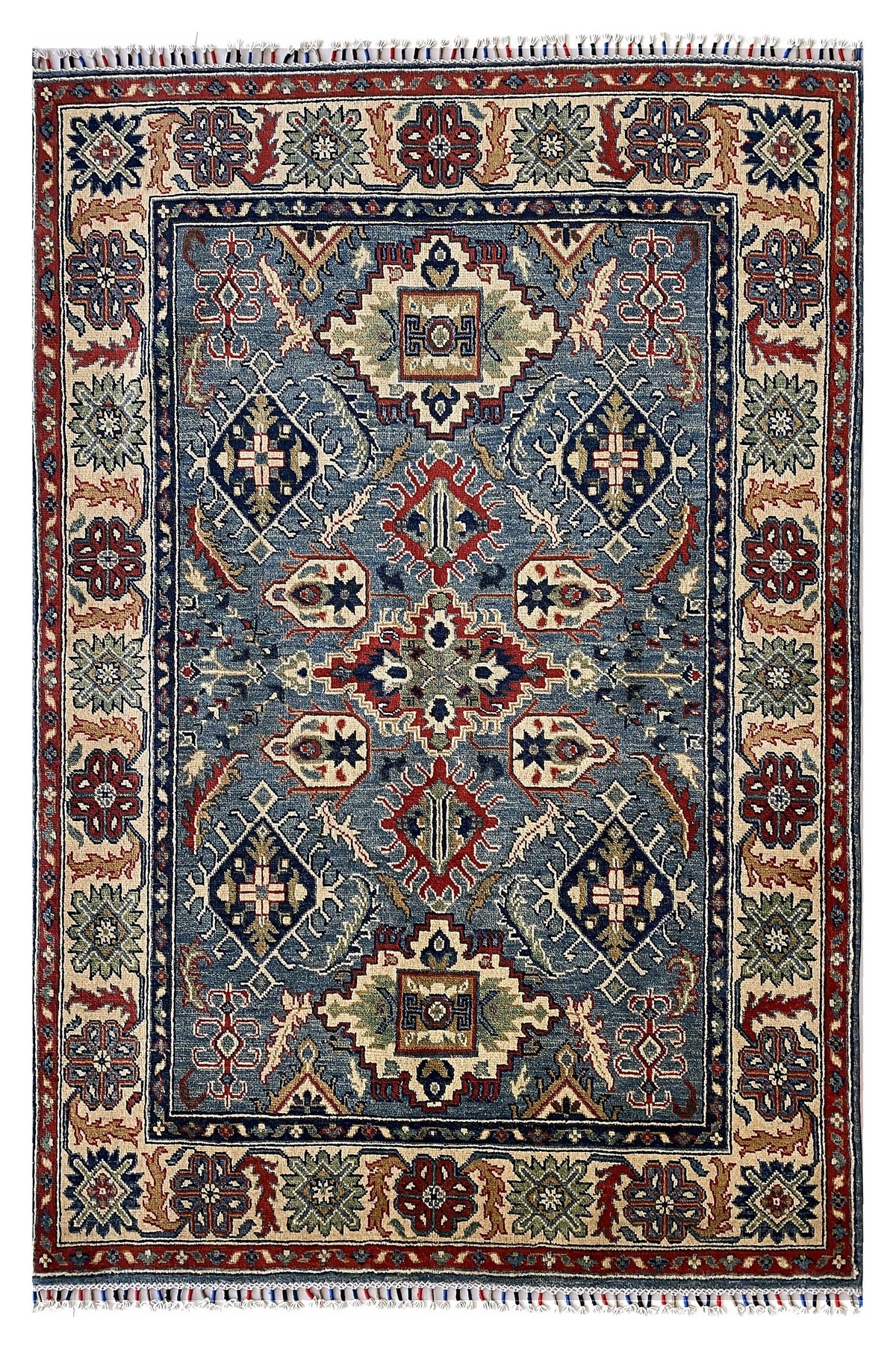 Afghan Kazak Rug 4x6 | blue field with a red and ivory medallion inside a red border with navy | medallion design | hand-knotted wool