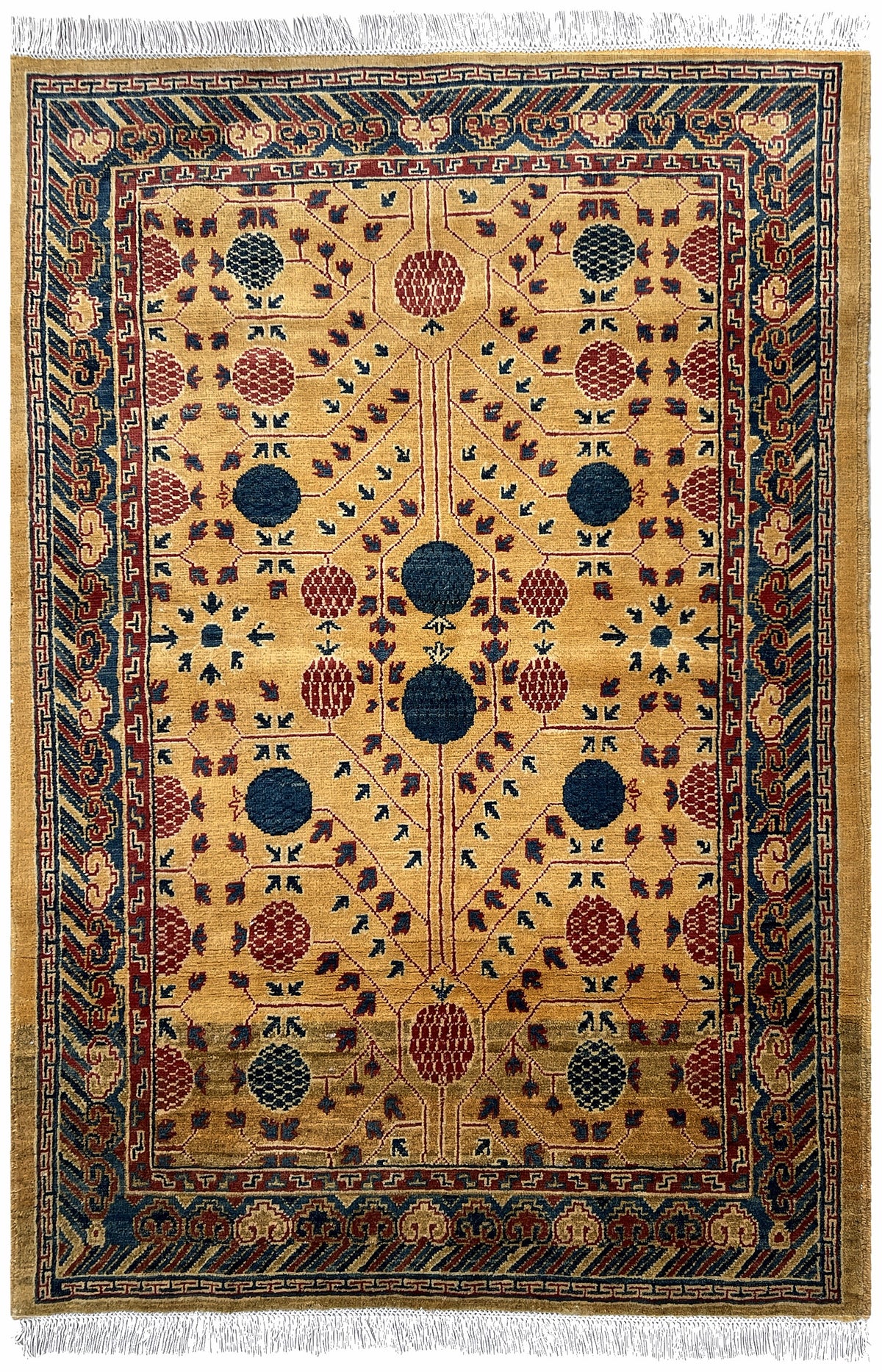 Afghan Kazak Rug 4x6 | golden field with navy and red pomegranate motifs | khotan design | hand-knotted wool