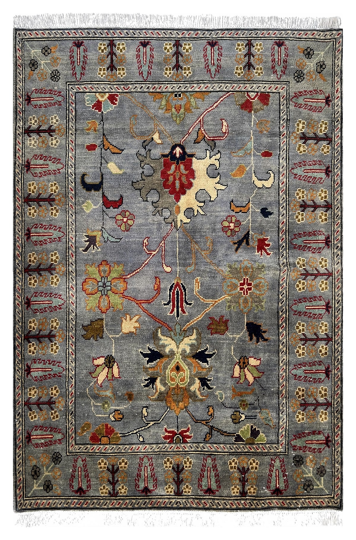 Afghan Kazak Rug 4x6 | gray field with gold and red palmettes with ivory | floral design | hand-knotted wool