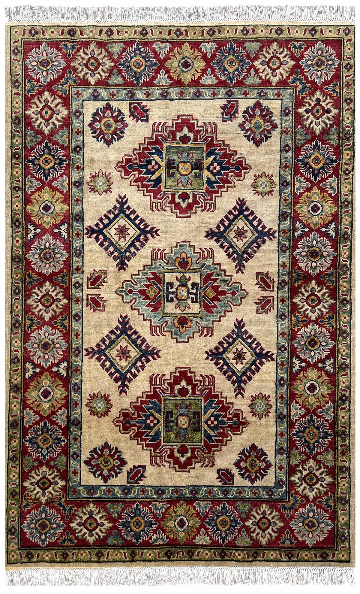 Afghan Kazak Rug 4x6 | ivory field with three red medallions inside a red border with navy & green | medallion design | hand-knotted wool