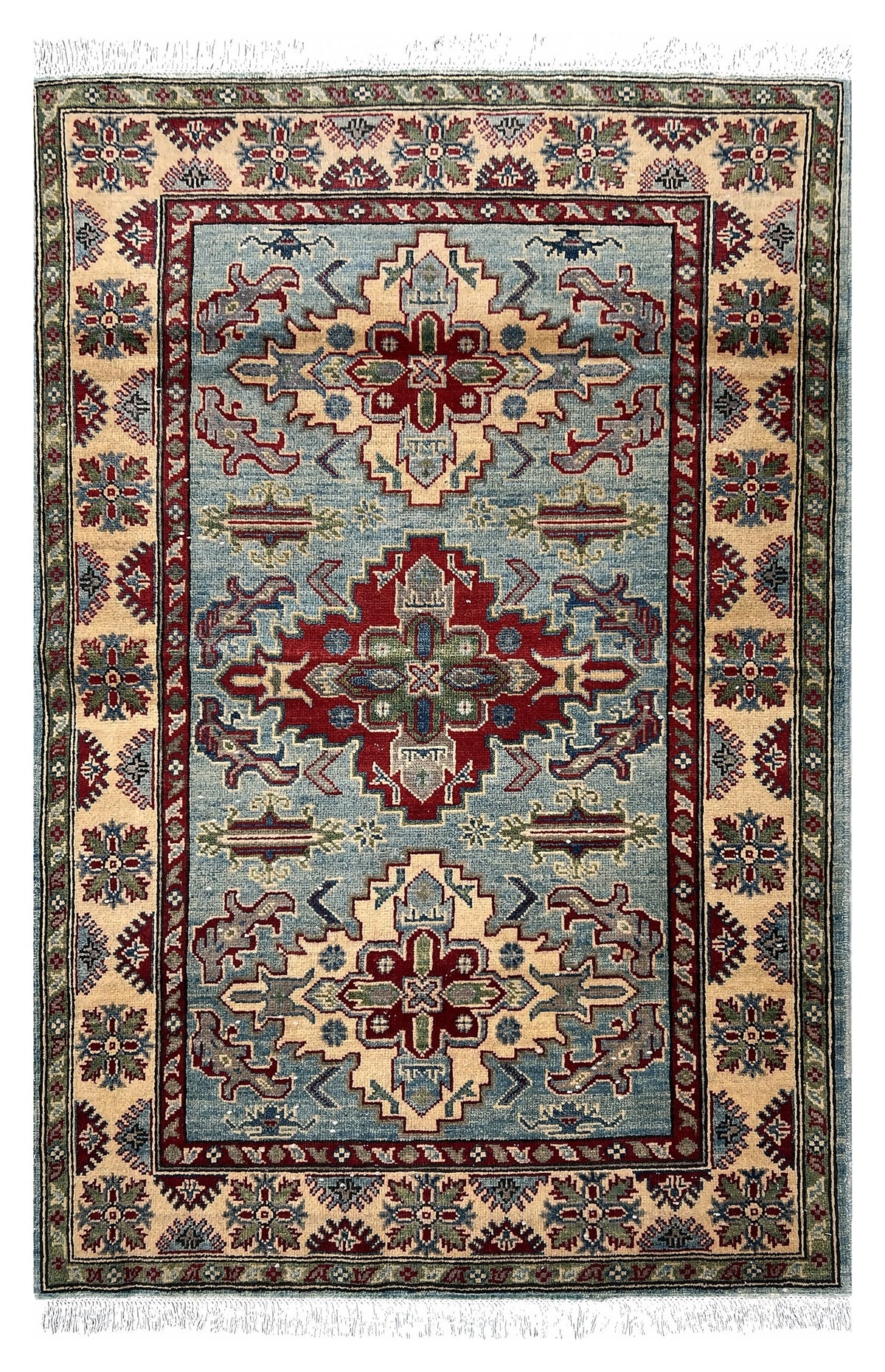 Afghan Kazak Rug 4x6 | light blue field with three red medallions inside an ivory border | medallion design | hand-knotted wool
