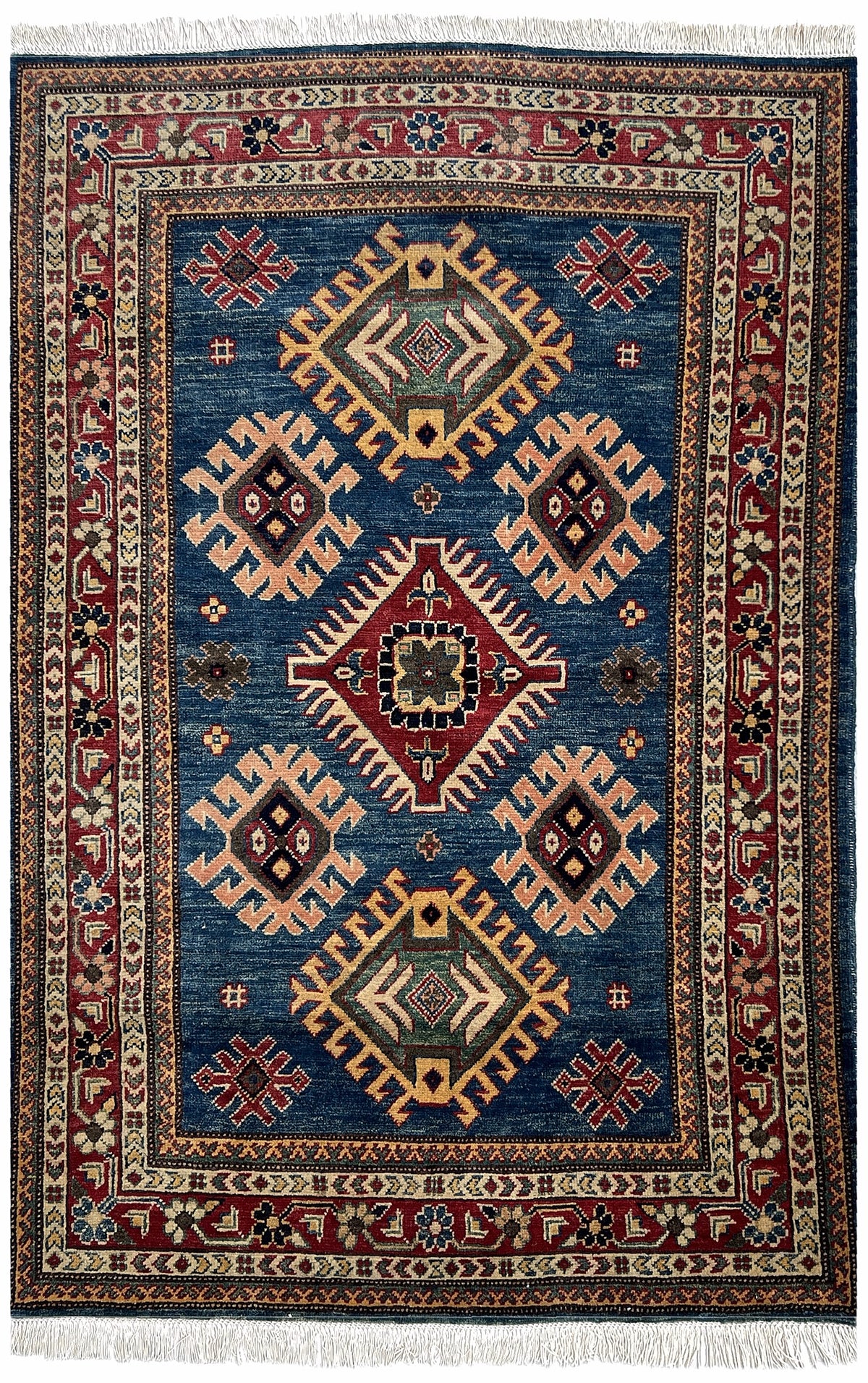 Afghan Kazak Rug 4x6 | navy field with three ivory medallions with red | medallion design | hand-knotted wool