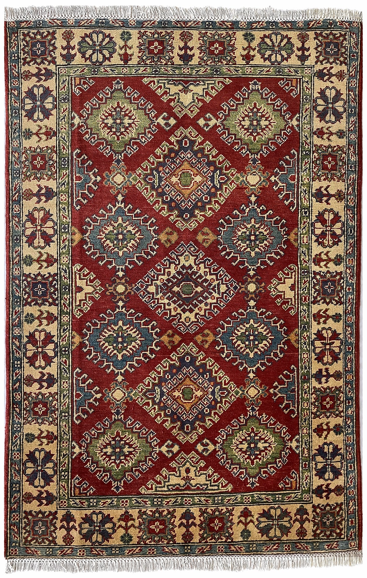 Afghan Kazak Rug 4x6 | red field with a lattice of blue and gold medallions inside a gold border with ivory | lattice design | hand-knotted wool