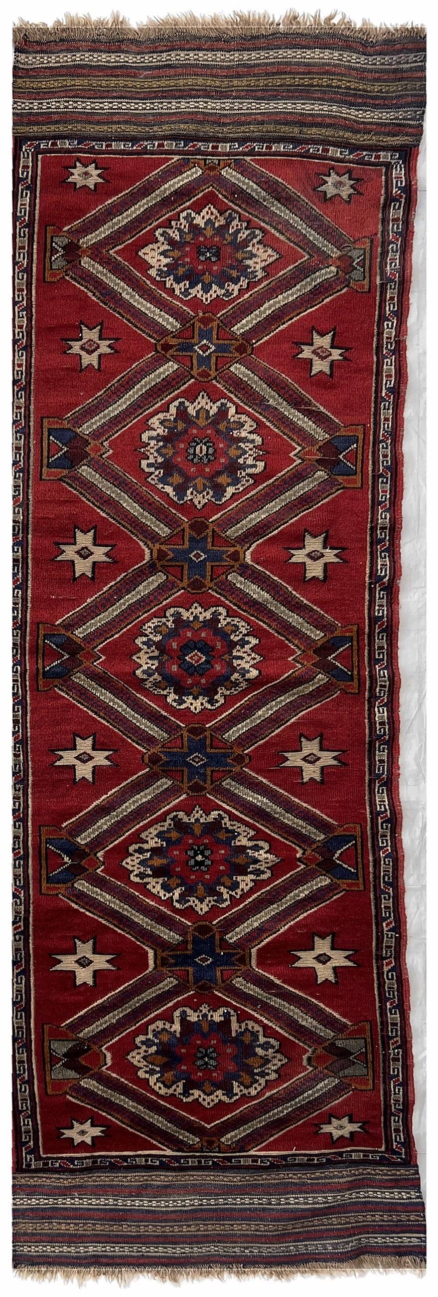 Afghan Nakhonak Runner 2x7 | red runner with stepped medallions with navy & ivory | tribal design | hand-knotted wool