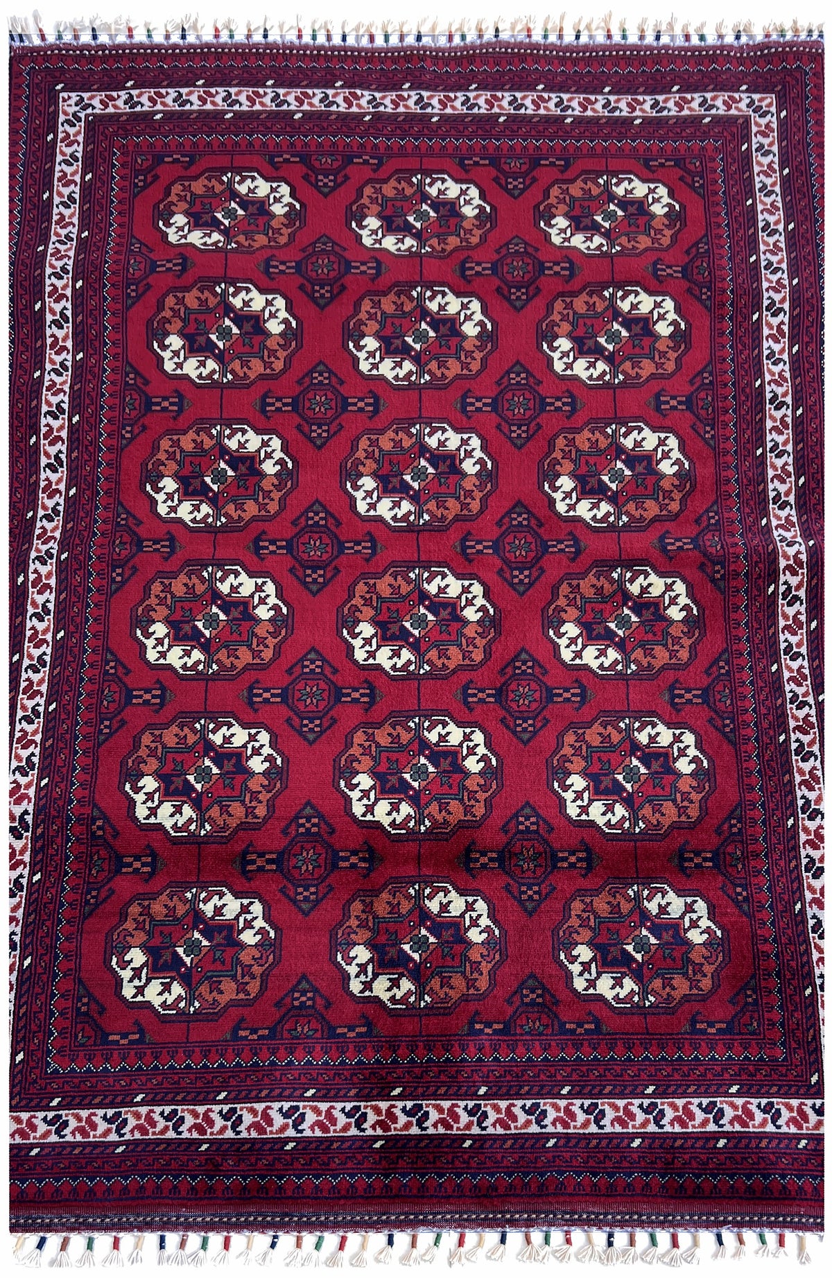 Afghan Turkmen Rug 3x5 | red field with rows of ivory guls with burgundy | gul design | hand-knotted wool