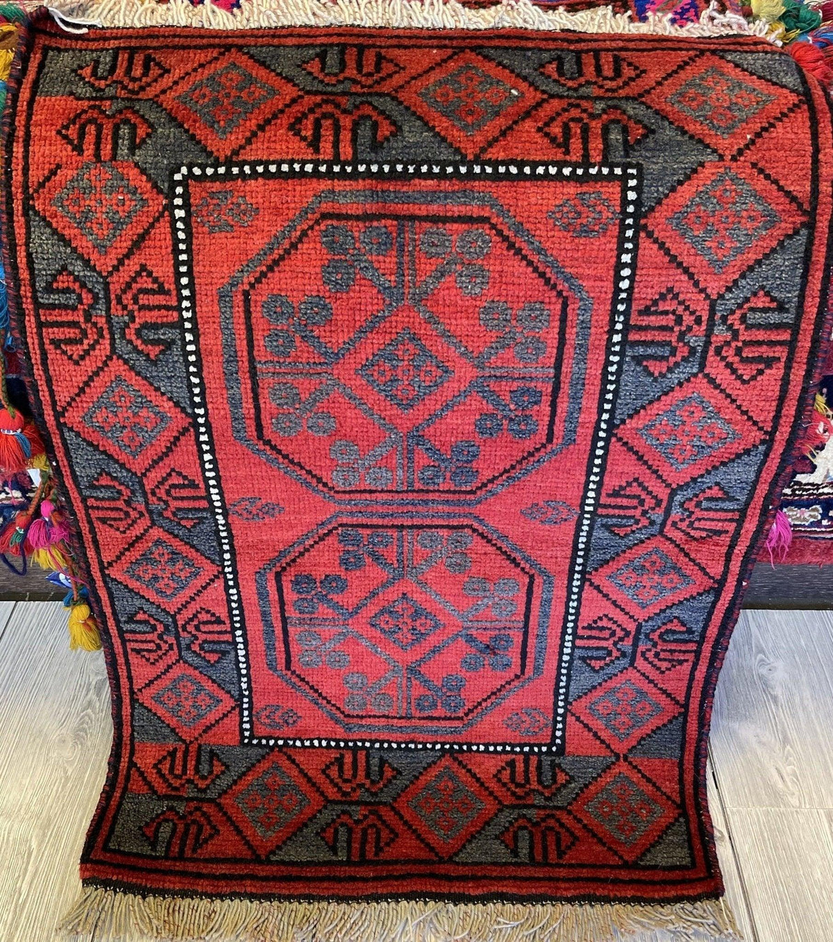 Afghan Turkmen Rug 22" x 30", Wool, Gray & Red