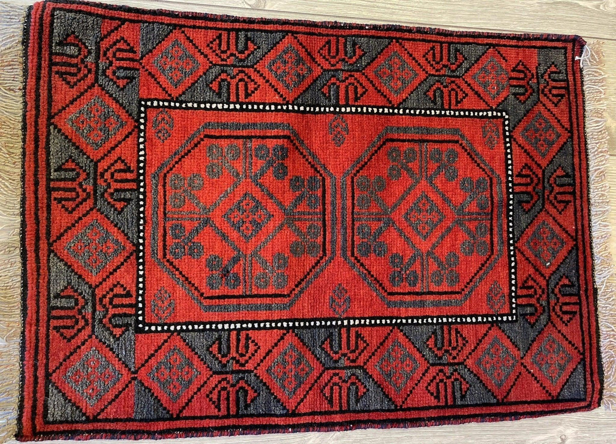 Afghan Turkmen Rug 22" x 30", Wool, Gray & Red, view 2