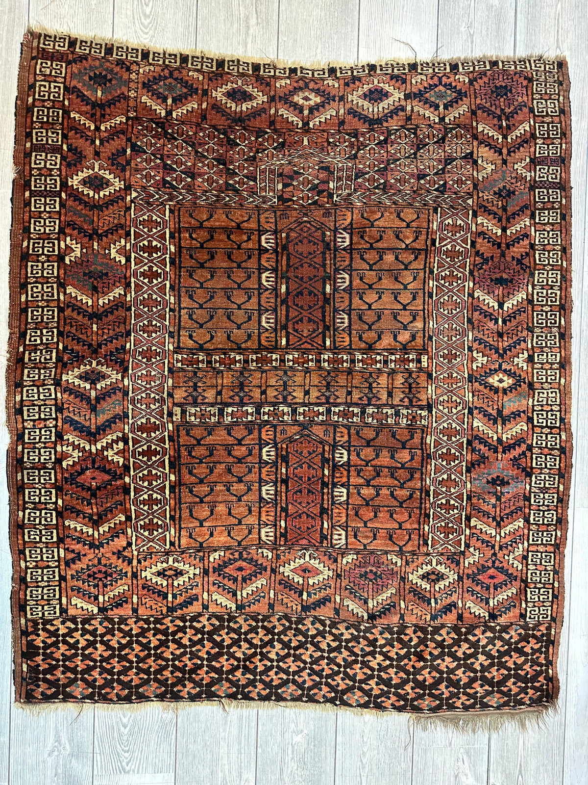 Antique Tekke Rug 4' x 4'8", Hand-Knotted Wool, 1880s