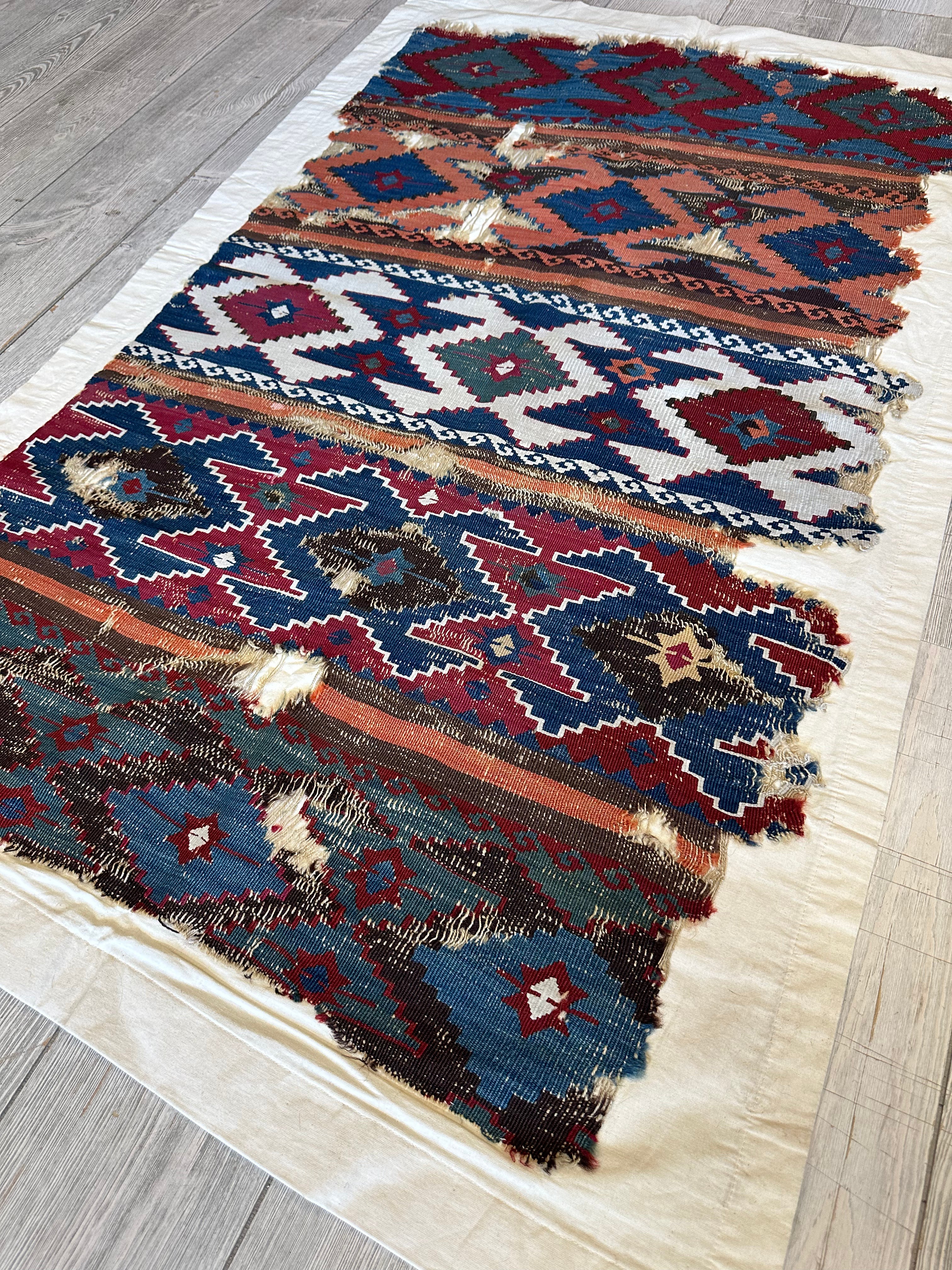 Antique Anatolian Kilim Fragment 3' x 4'9", Hand-Woven Wool, Red, view 2