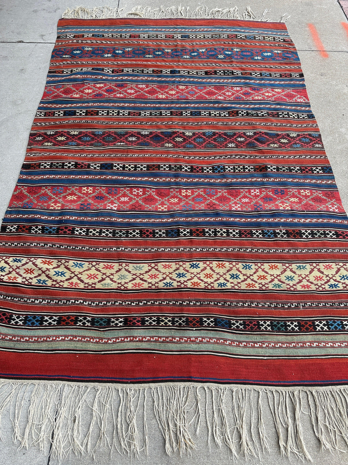 Antique Shahsavan Soumak Rug 4'9" x 7'4", Hand-Woven Wool, c. 1900, view 2