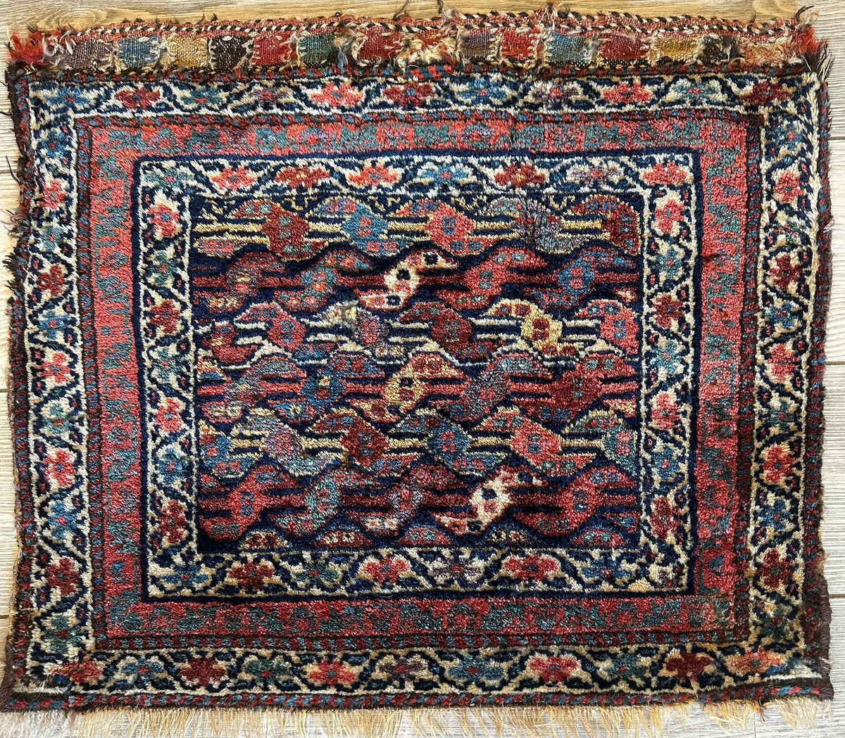 Antique Persian Kurdish Rug 22" x 24", Hand-Knotted Wool, c. 1900