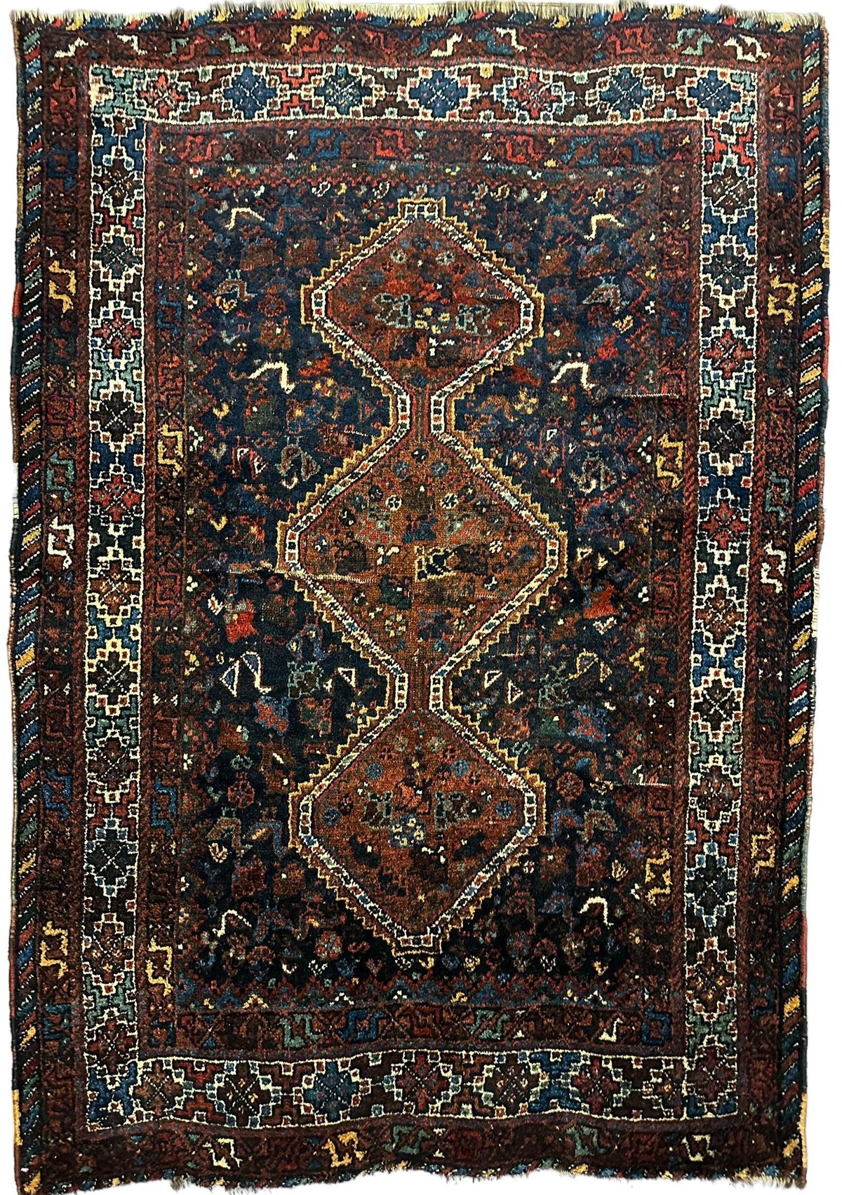 Antique Persian Khamseh Rug 4' x 5'10", Hand-Knotted Wool, 1920s