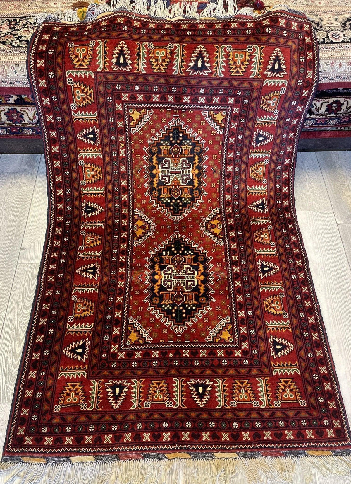 Afghan Samarqandi Rug 3'4" x 5'5", Hand-Knotted Wool, Cream & Orange
