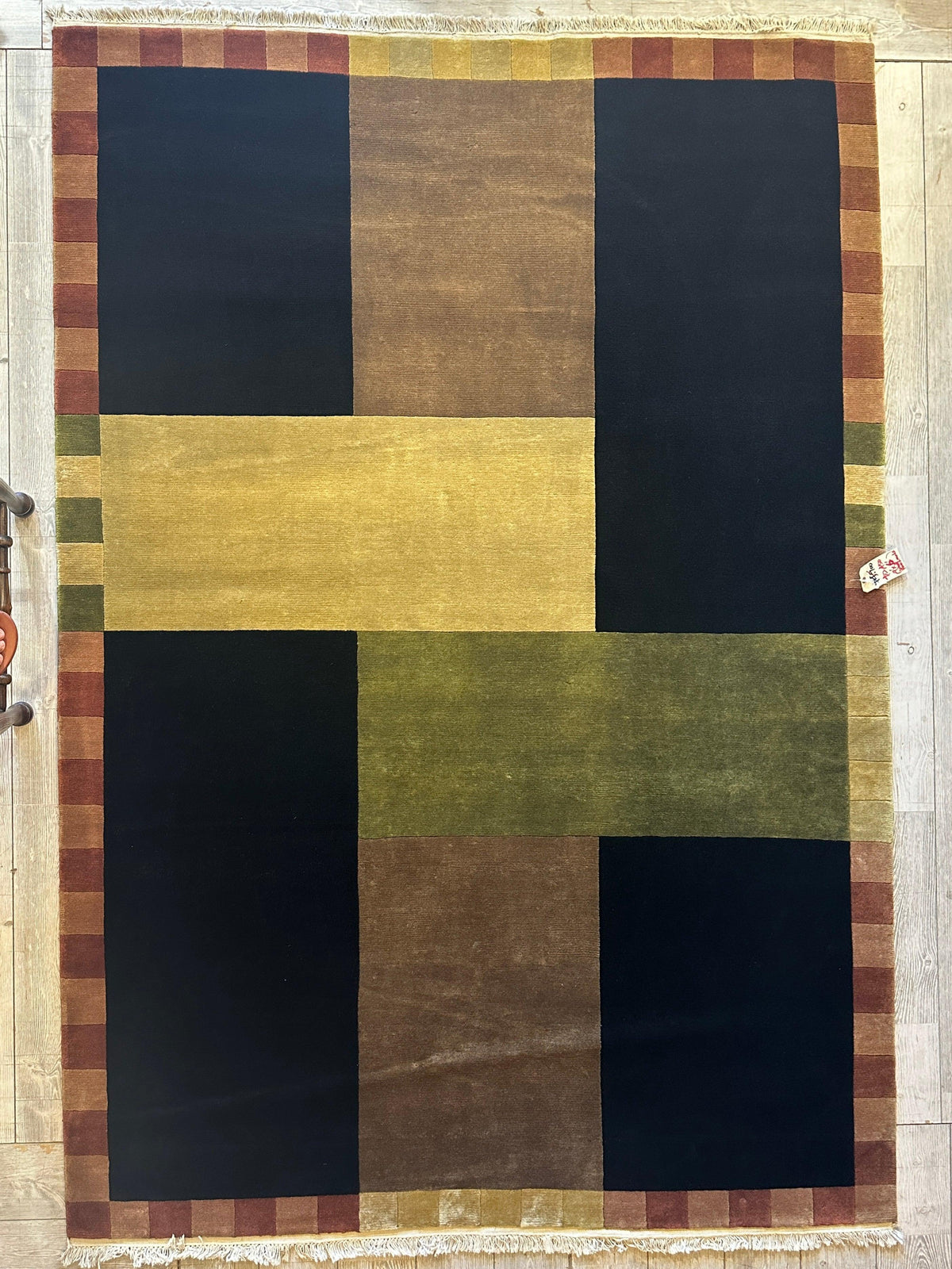 Indian Geometric Rug 6' x 9', Hand-Knotted Wool, Blue, Brown & Cream