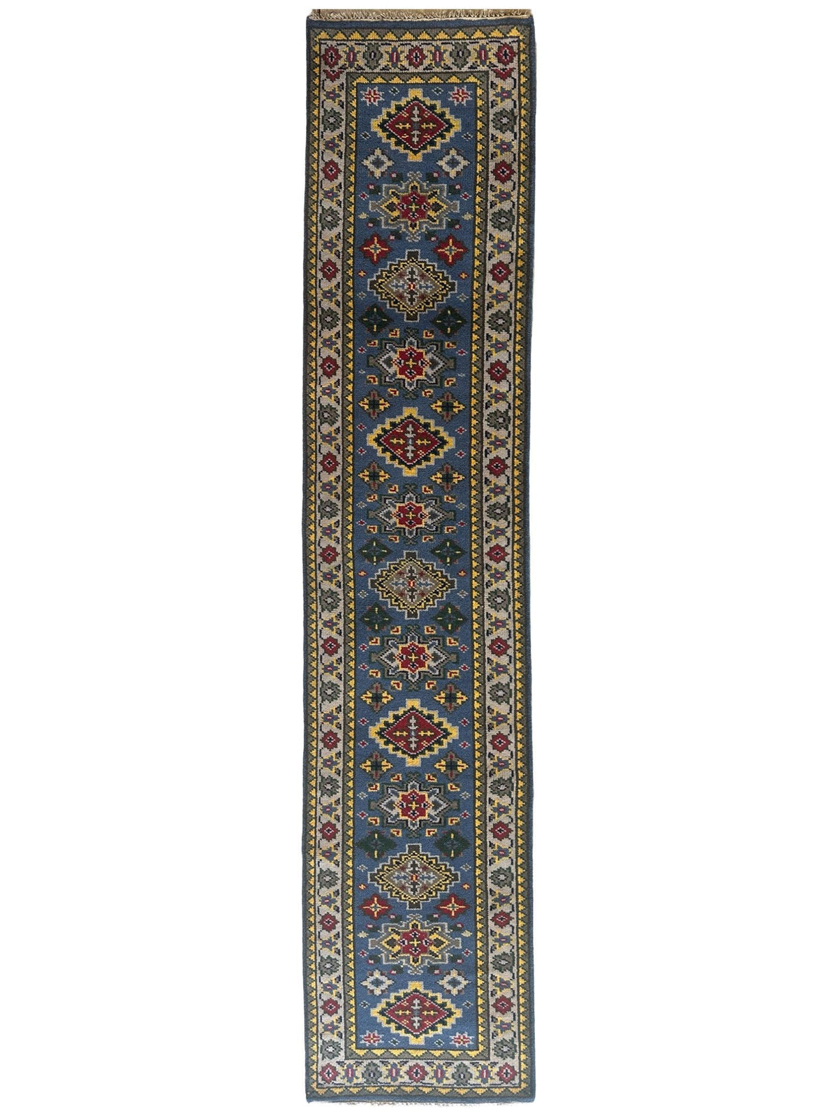 Indo-Kazak Runner 2'6" x 11'10", Hand-Knotted Wool & Bamboo Silk, Blue