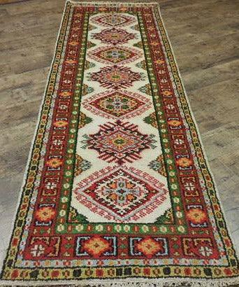 Indian Kazak Runner 2'7" x 8', Hand-Knotted Wool & Bamboo Silk, Blue