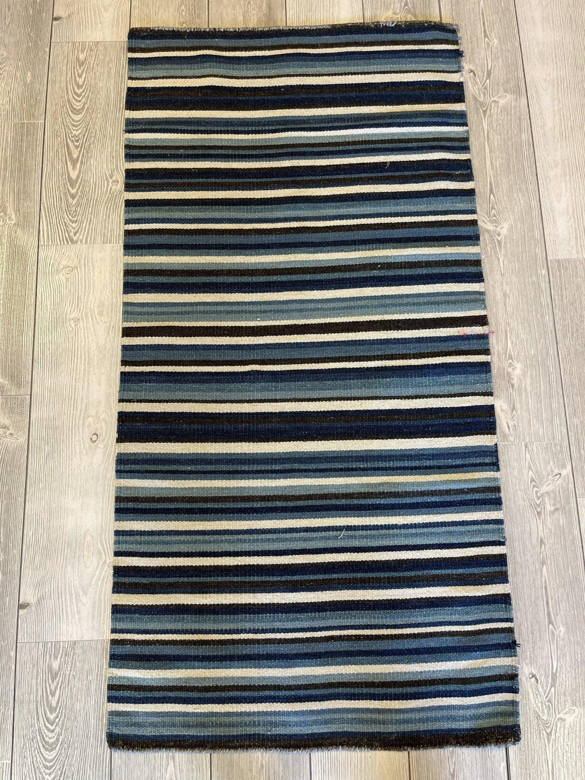 Scandinavian Rug 2'5" x 4'10", Hand-Woven Wool, Blue & Cream