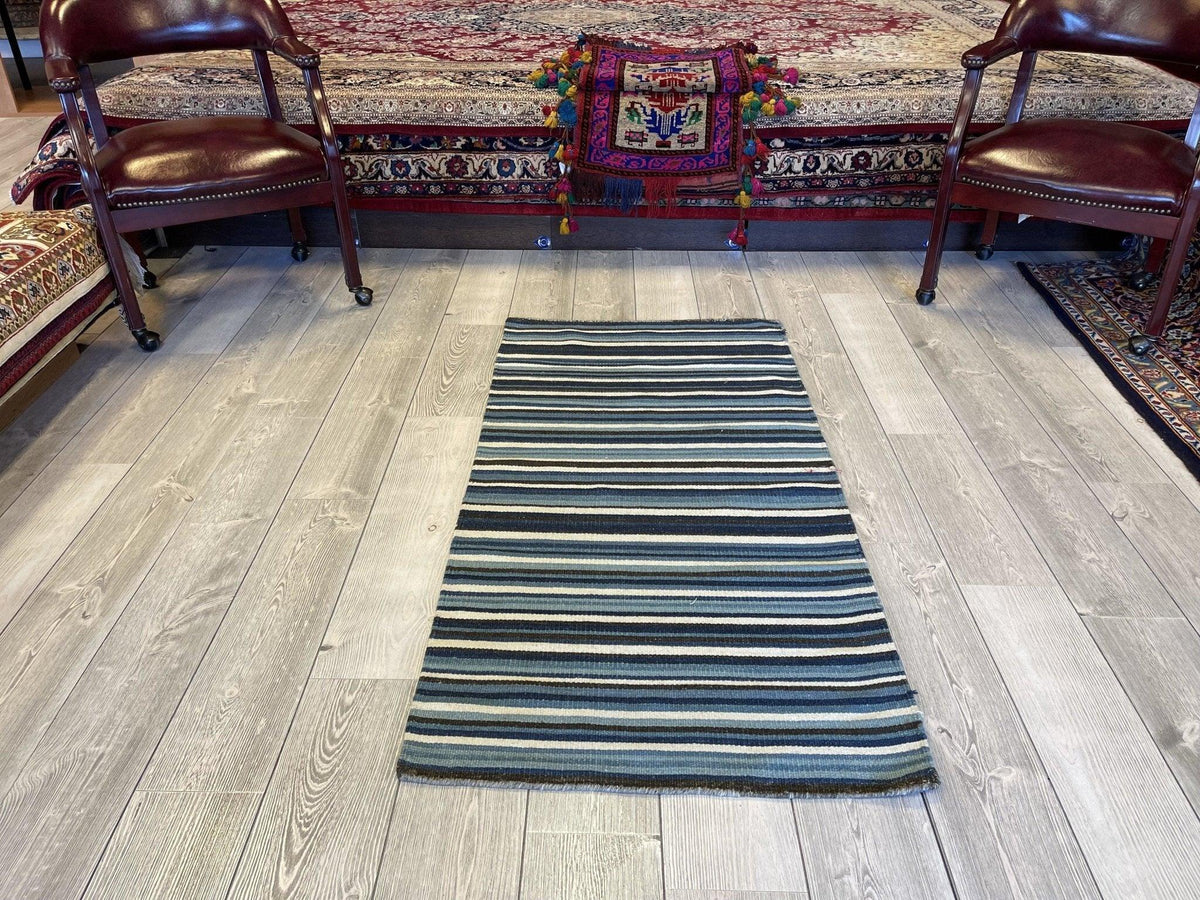 Scandinavian Rug 2'5" x 4'10", Hand-Woven Wool, Blue & Cream, view 2