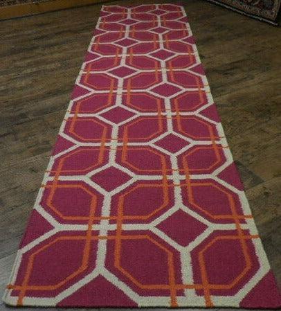 Indian Kilim Runner 2'7" x 10', Hand-Woven Wool, Orange, Red & Ivory