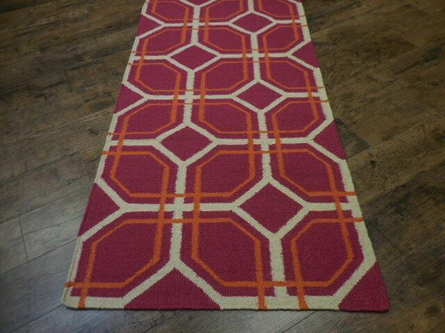 Indian Kilim Runner 2'7" x 10', Hand-Woven Wool, Orange, Red & Ivory, view 2