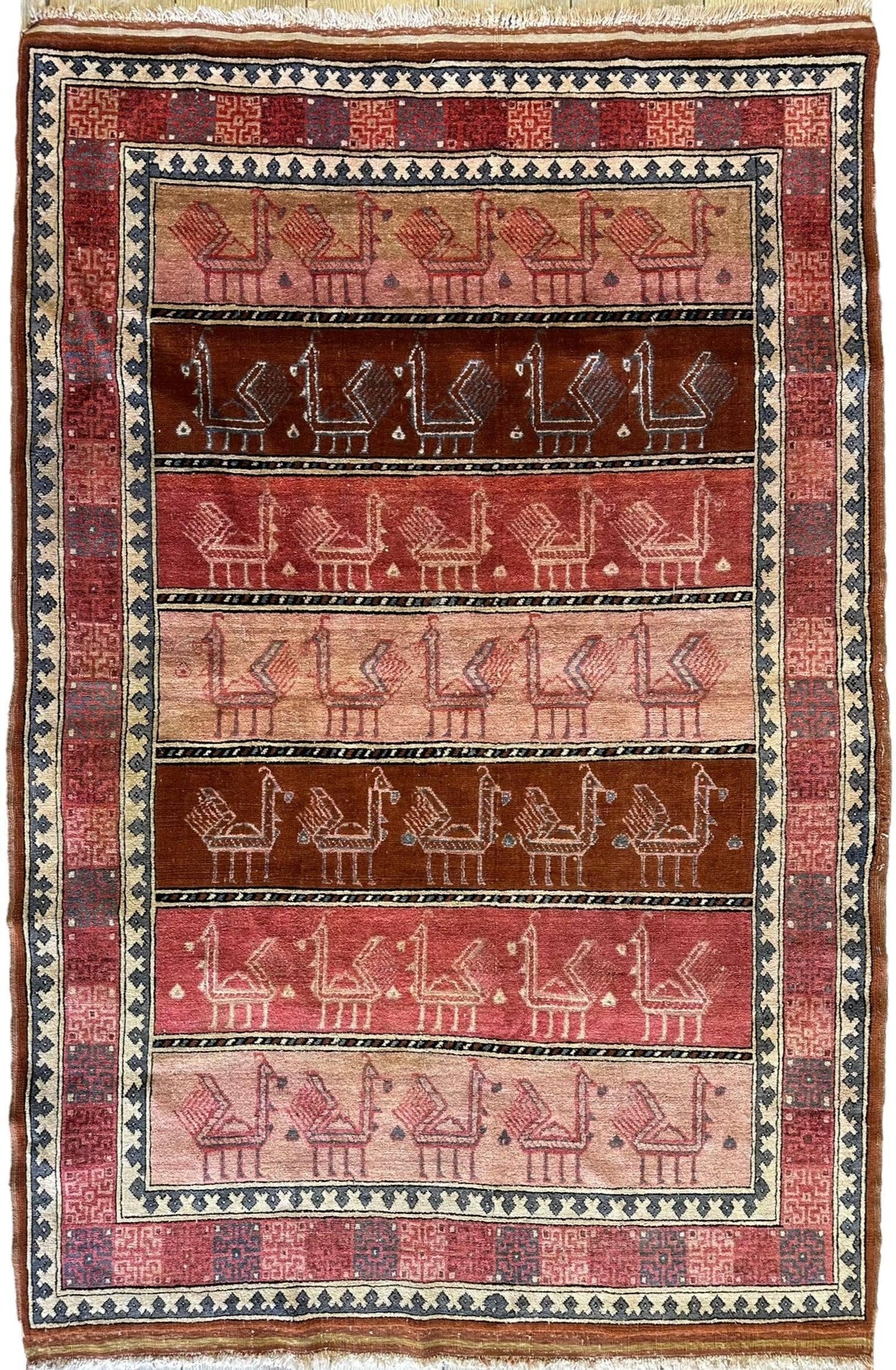 Vintage Afghan Bukhara Rug 3'10" x 5'10", Hand-Knotted Wool & Silk
