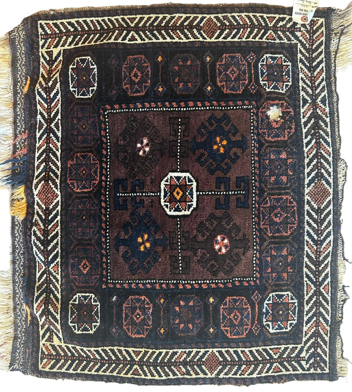 Vintage Afghan Baluch Bagface 25" x 29", Hand-Knotted Wool, 1930s