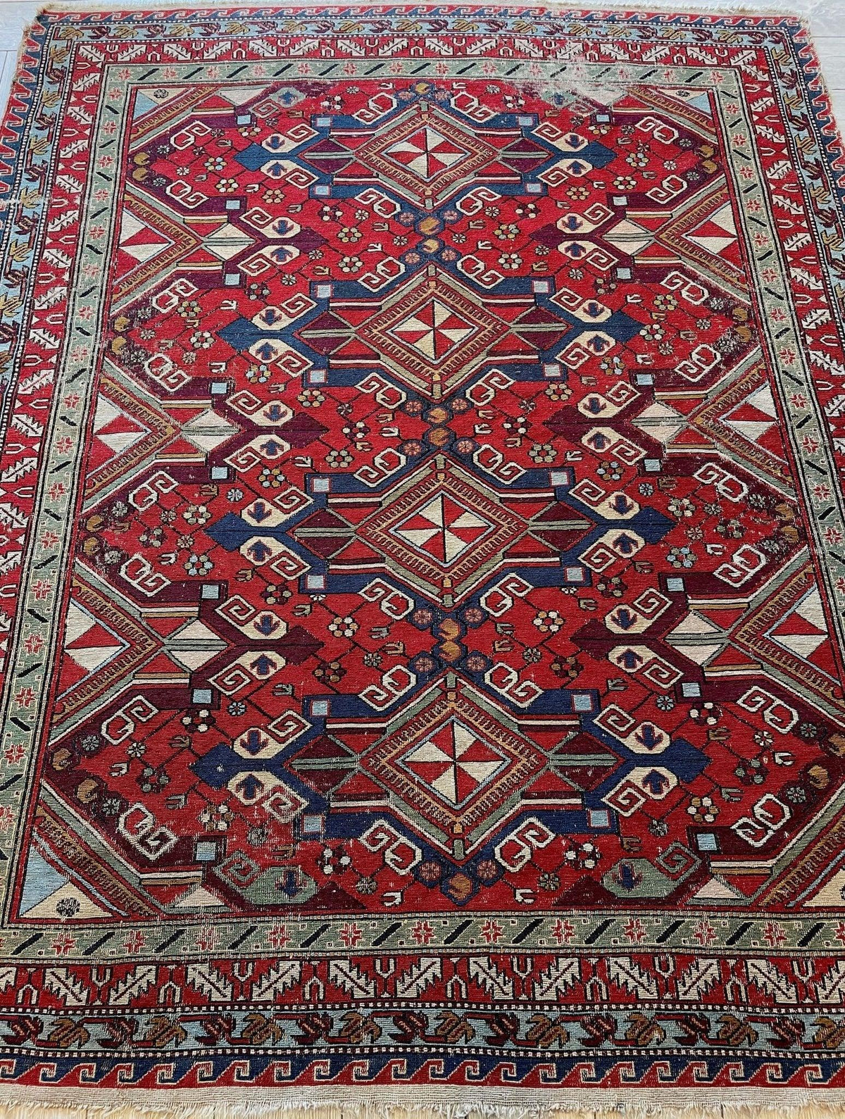 Antique Persian Soumak Rug 6'1" x 7'7", Hand-Woven Wool, 1920s