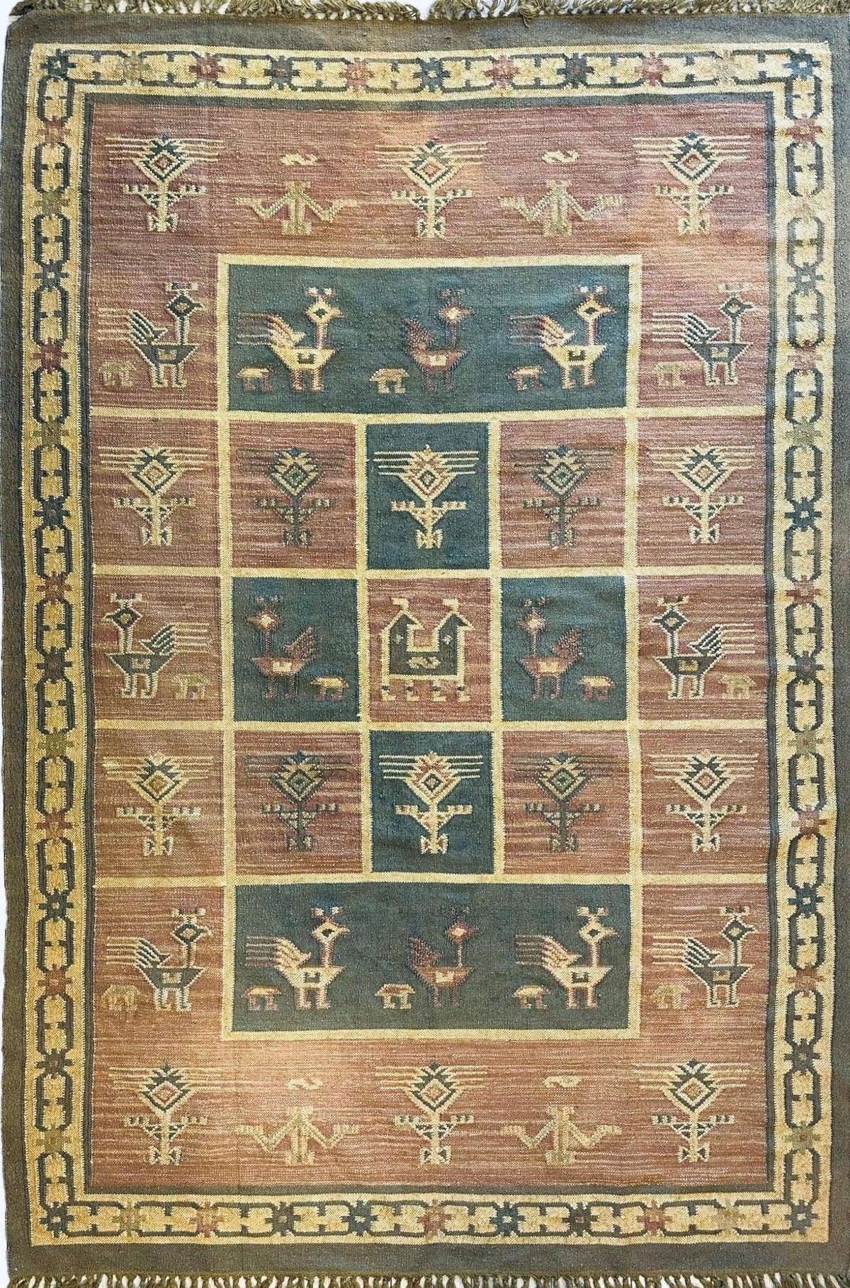 Indian Kilim Rug 6'5" x 9', Hand-Woven Wool, Beige, Blue & Cream