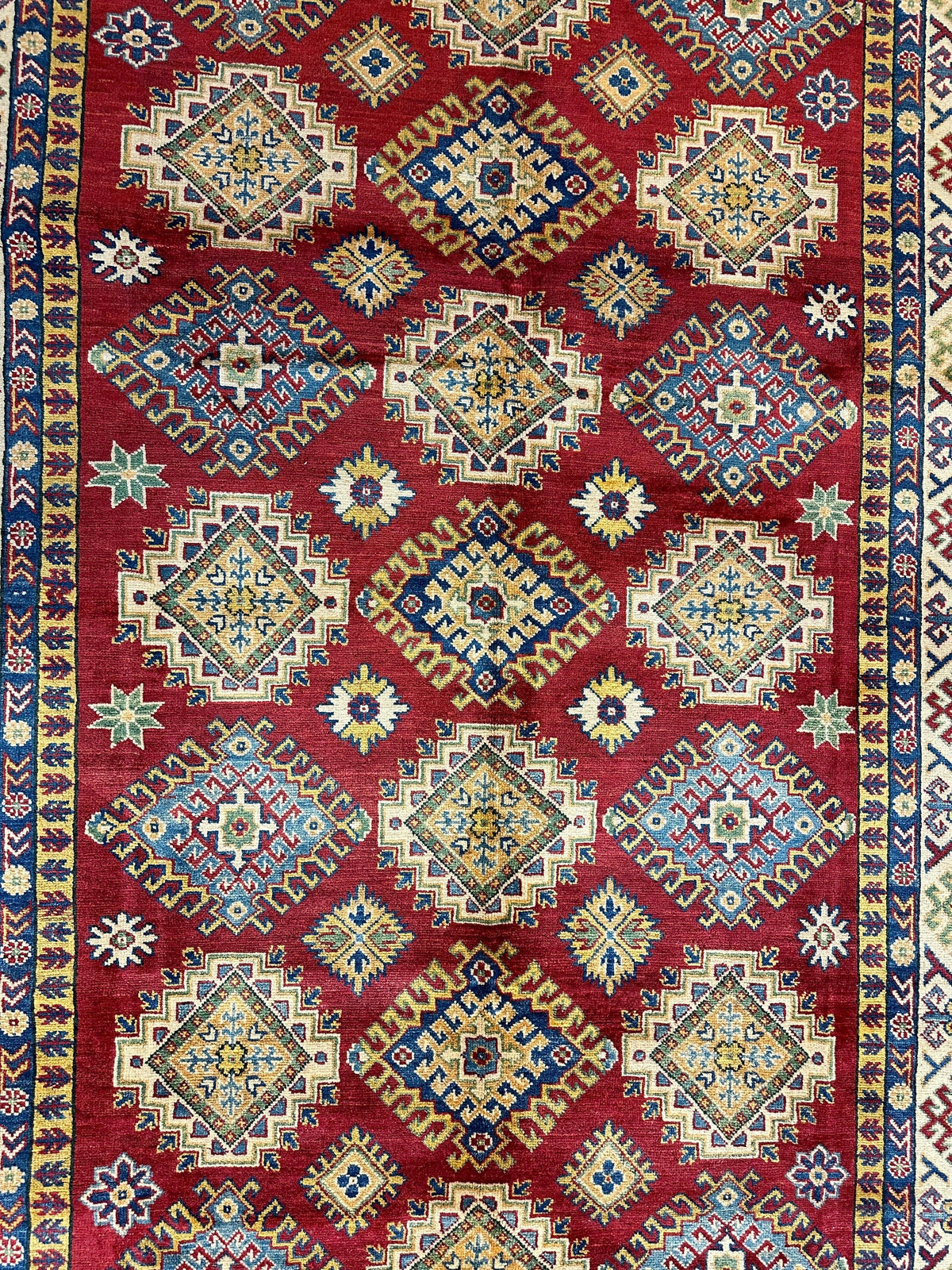 Afghan Kazak Stars Rug 7x10, Red, Ivory, Navy & Gold, Hand-Knotted Wool, view 2