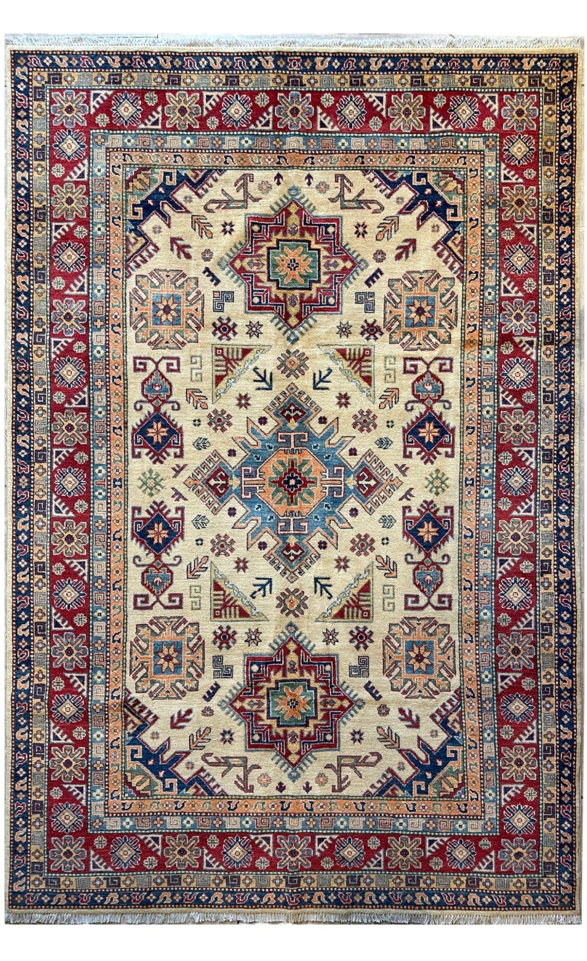 Afghan Kazak Rug 6'6" x 9'9", Hand-Knotted Wool, Cream