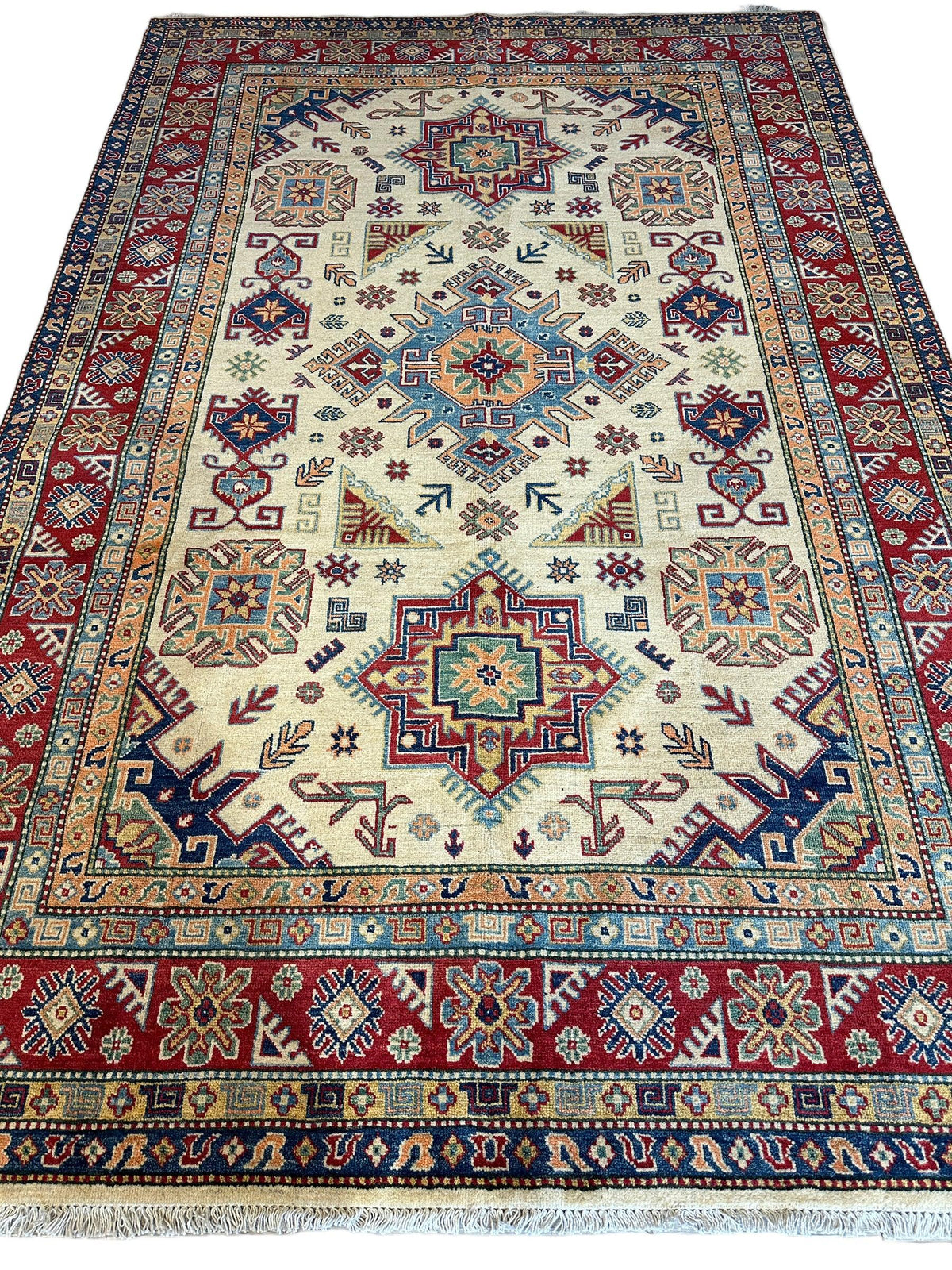 Afghan Kazak Rug 6'6" x 9'9", Hand-Knotted Wool, Cream, view 2