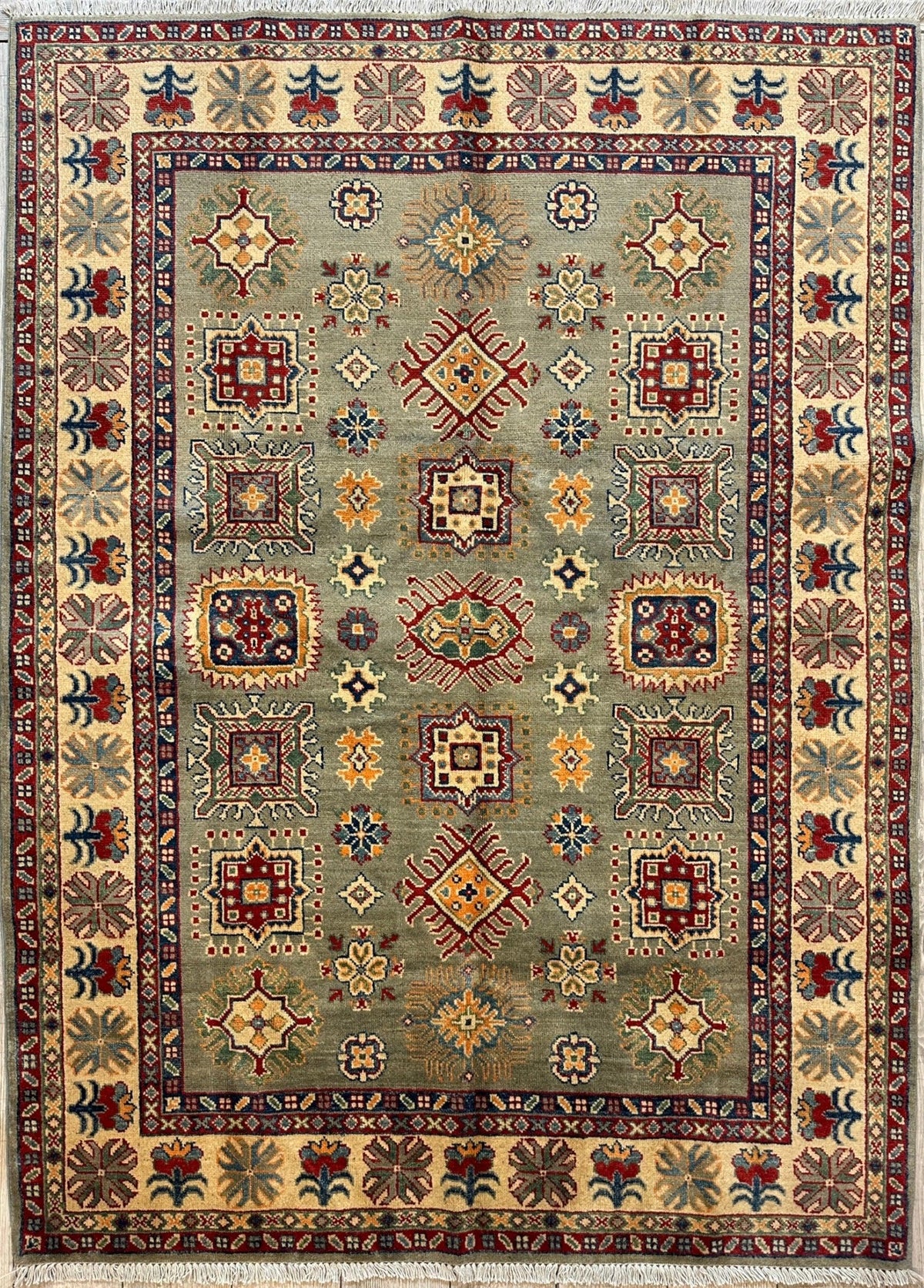 Afghan Kazak Stars Rug 5x7, Green, Ivory, Red & Gold, Hand-Knotted Wool