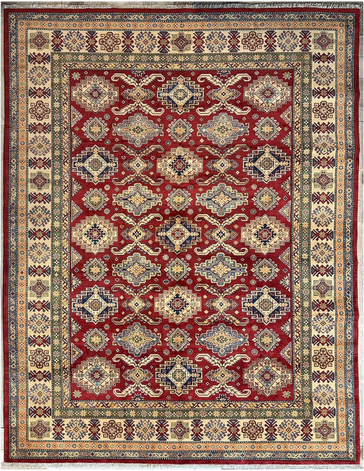 Afghan Kazak Tribal Rug 9x12, Red, Ivory & Gold, Hand-Knotted Wool