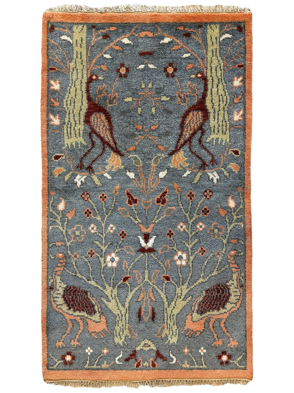 Indian Oushak Rug 3x5, Light Blue, Olive Green & Orange, Hand-Knotted Wool