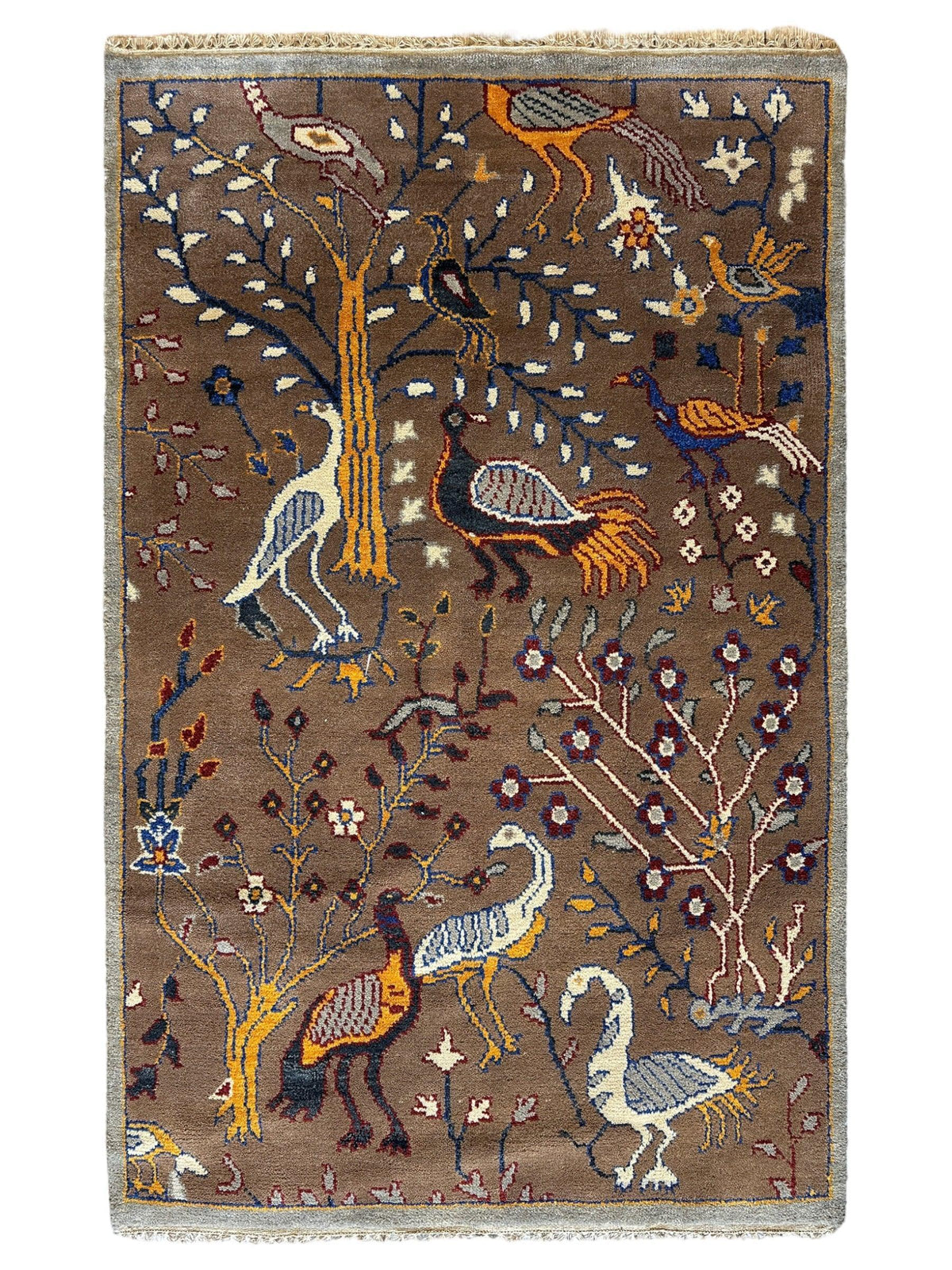 Indian Oushak Rug 4x6, Brown, Ivory & Gold, Hand-Knotted Wool