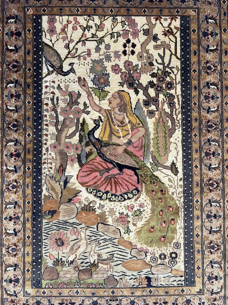 Vintage Chinese Pictorial Rug 4' x 5'11", Hand-Knotted Wool, Yellow