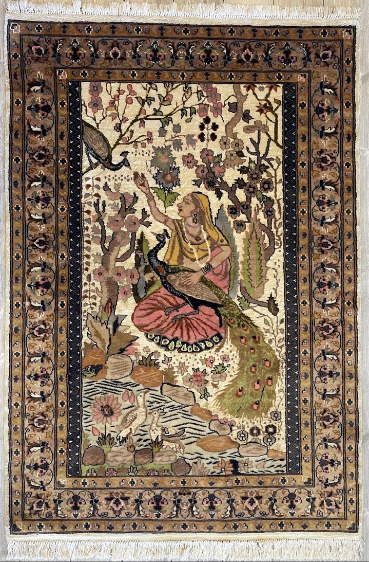 Vintage Chinese Pictorial Rug 4' x 5'11", Hand-Knotted Wool, Yellow, view 2