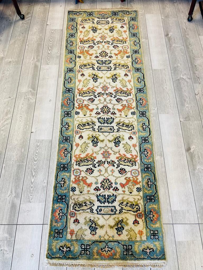 Indian Oushak Runner 3x8, Ivory, Light Blue & Orange, Wool, view 2