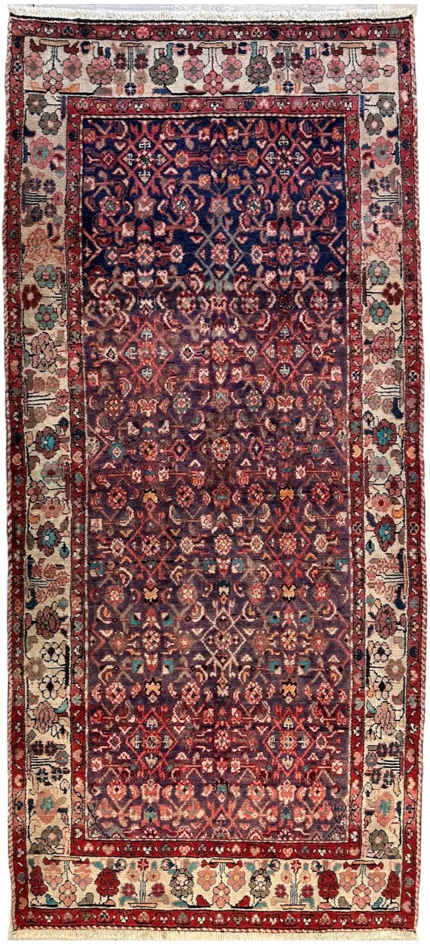 Vintage Persian Hamadan Rug 4'5" x 9'8", Hand-Knotted Wool, 1970s