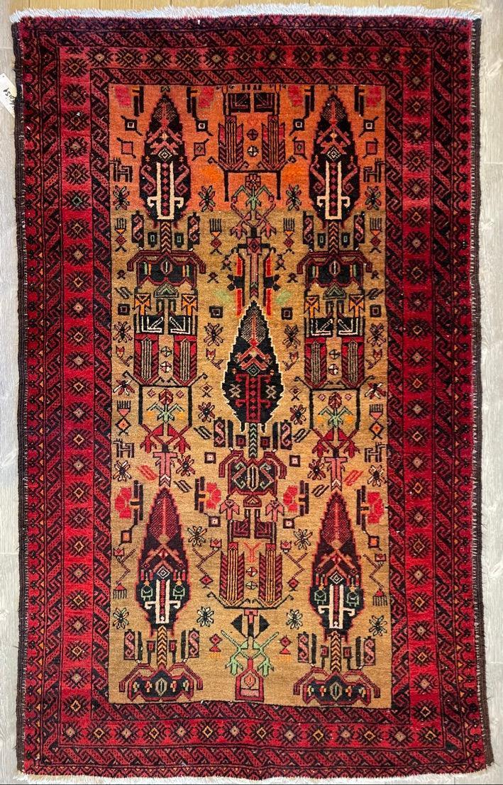 Vintage Persian Baluch Rug 3'9" x 6'2", Hand-Knotted Wool, 1970s